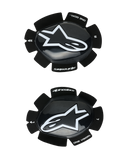 Alpinestars GP Plus Knee Sliders, deslizadores de joelho para motociclismo, pretos e brancos, acabamento brilhante com logótipo de estrela branca, sistema de fixação por velcro, marca "One Goal One Vision", conjunto esquerdo e direito