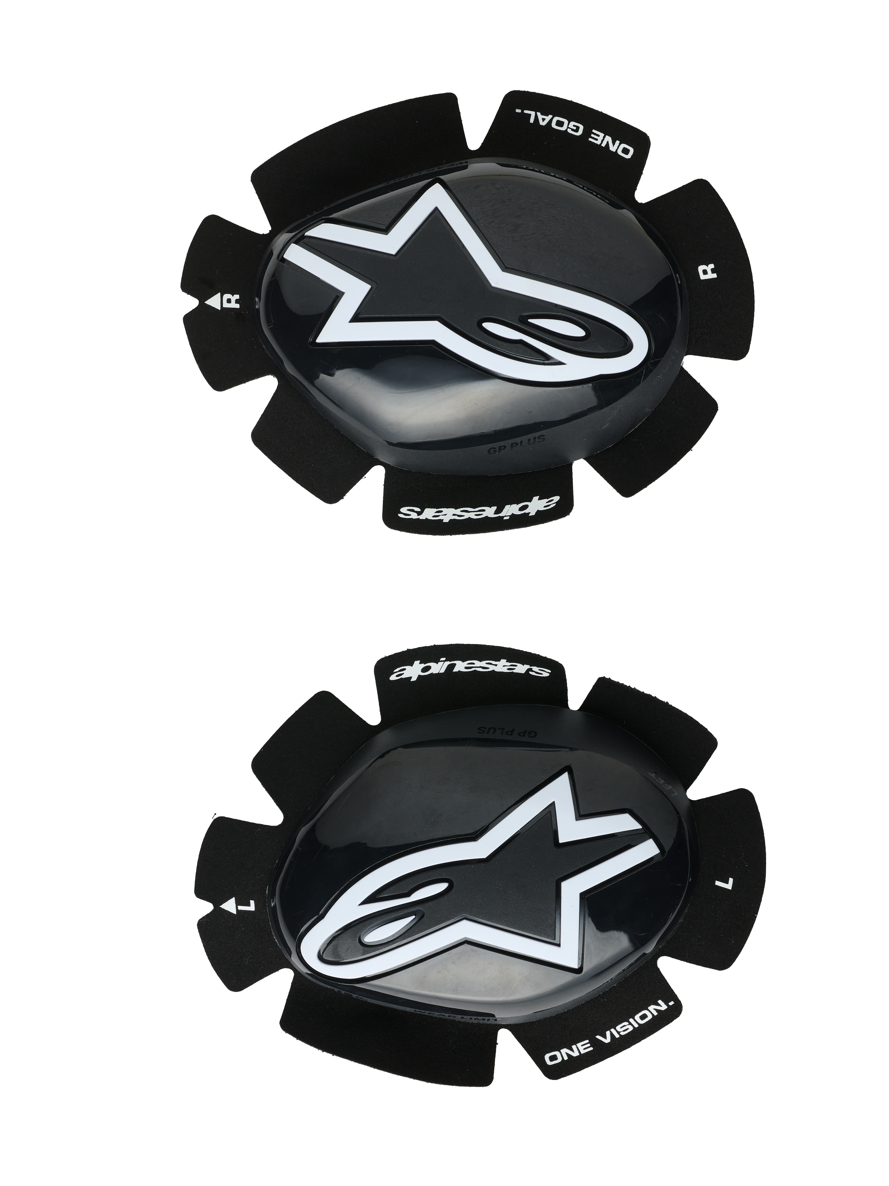 Alpinestars GP Plus Knee Sliders, deslizadores de joelho para motociclismo, pretos e brancos, acabamento brilhante com logótipo de estrela branca, sistema de fixação por velcro, marca "One Goal One Vision", conjunto esquerdo e direito