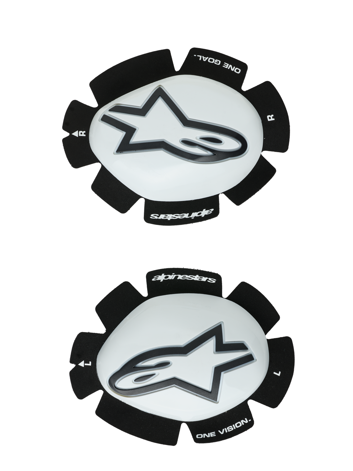 Sliders de joelho Alpinestars GP Plus, brancos e pretos, protetores de joelho para corridas de motociclismo, par com os sliders esquerdo e direito, superfícies de plástico branco e logótipos Astars pretos, base de velcro preto recortado com as marcas 'ONE GOAL' e 'ONE VISION'