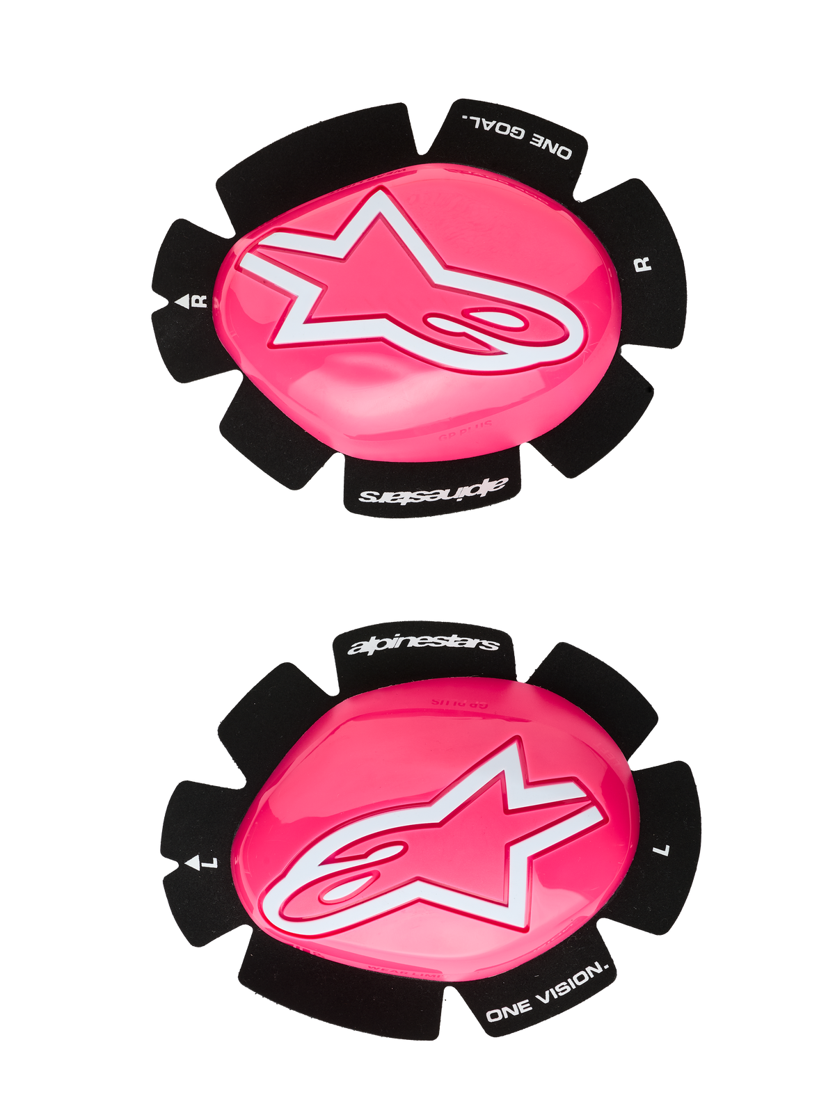 Alpinestars GP Plus Knee Slider, deslizadores de joelho para corrida de motociclismo, rosa fluo e branco, conjunto de deslizadores esquerdo e direito, superfície rosa brilhante com logótipos de estrela brancos, base preta com o texto 'One Goal One Vision', construção em plástico durável para utilização em pista e estrada