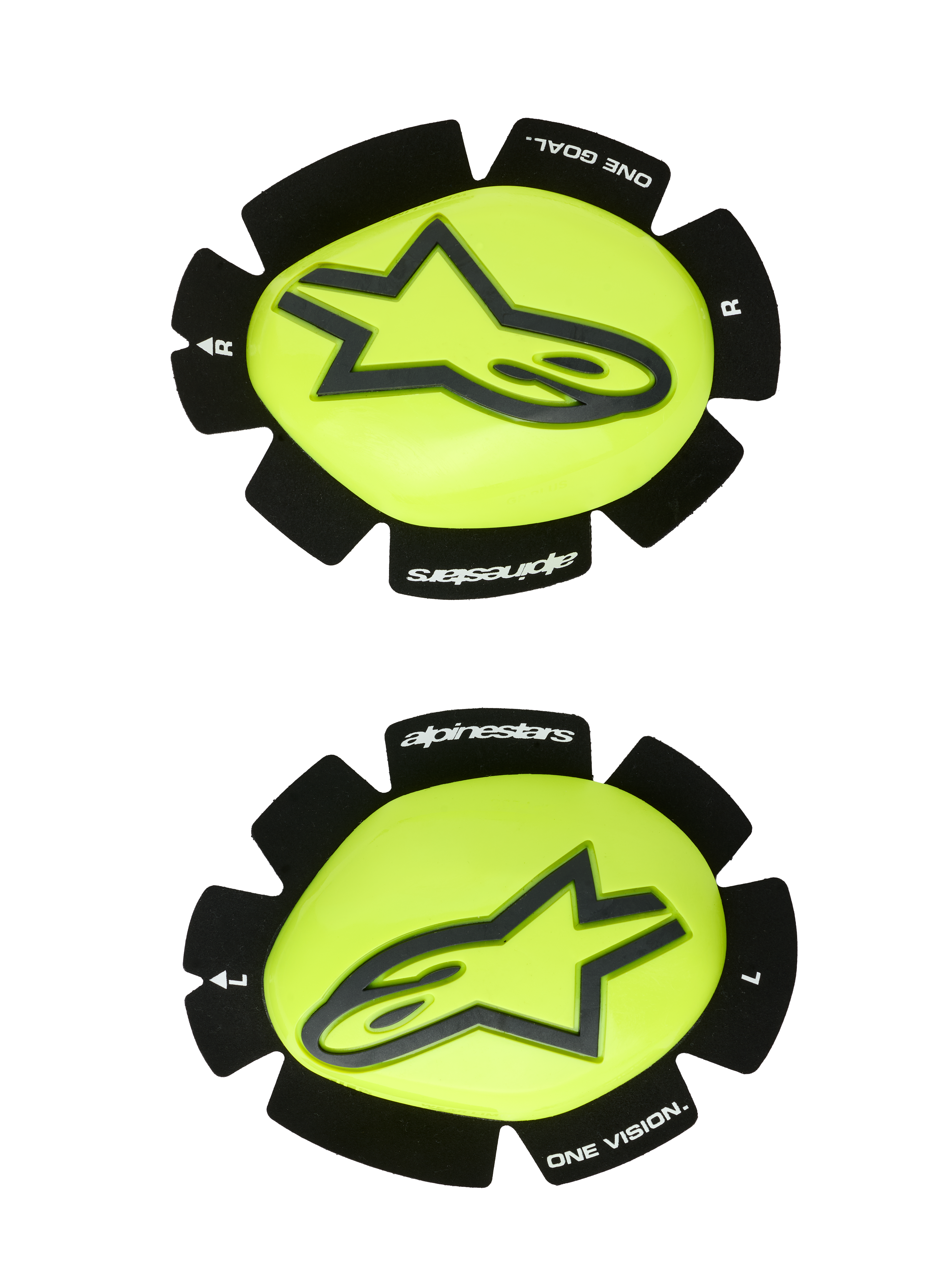 Deslizadores de joelho Alpinestars GP Plus, deslizadores de corrida para motociclismo, amarelo flúor e preto, par esquerdo e direito com logótipo de estrela preta em superfície amarela brilhante, bordas pretas texturadas com marca "alpinestars" e "ONE GOAL ONE VISION", concebidos para resistência à abrasão em pista