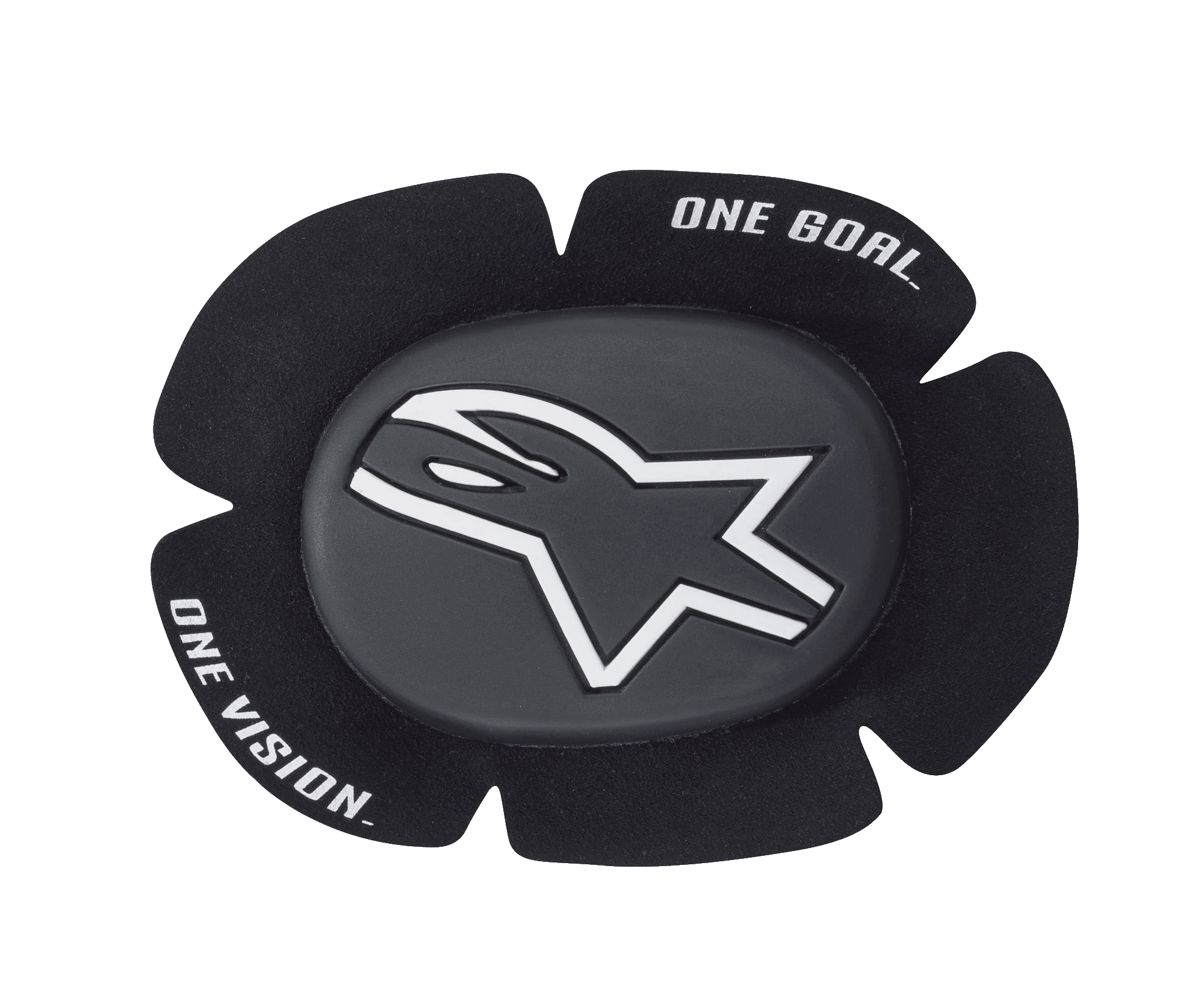 Alpinestars GP Sport Evo Knee Sliders, sliders de joelho para corrida de moto pretos e brancos, com logótipo de estrela branco num disco central cinzento escuro, design contornado de cinco pétalas com o texto da marca "ONE GOAL ONE VISION", proteção em TPU durável para pista e condução desportiva
