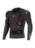 Alpinestars Bionic Pro V3 Plasma Protection Jacket, casaco de proteção para motociclismo todo-o-terreno, preto com detalhes de ventilação vermelhos no peito, logótipos Alpinestars brancos, com protetores Nucleon PLASMA nos cotovelos e ombros, placa de peito flutuante, cinta elástica ajustável e construção em malha respirável para motocross.