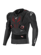 Alpinestars Bionic Pro V3 Plasma Protection Jacket, casaco de proteção para motociclismo todo-o-terreno, preto com detalhes de ventilação vermelhos no peito, logótipos Alpinestars brancos, com protetores Nucleon PLASMA nos cotovelos e ombros, placa de peito flutuante, cinta elástica ajustável e construção em malha respirável para motocross.