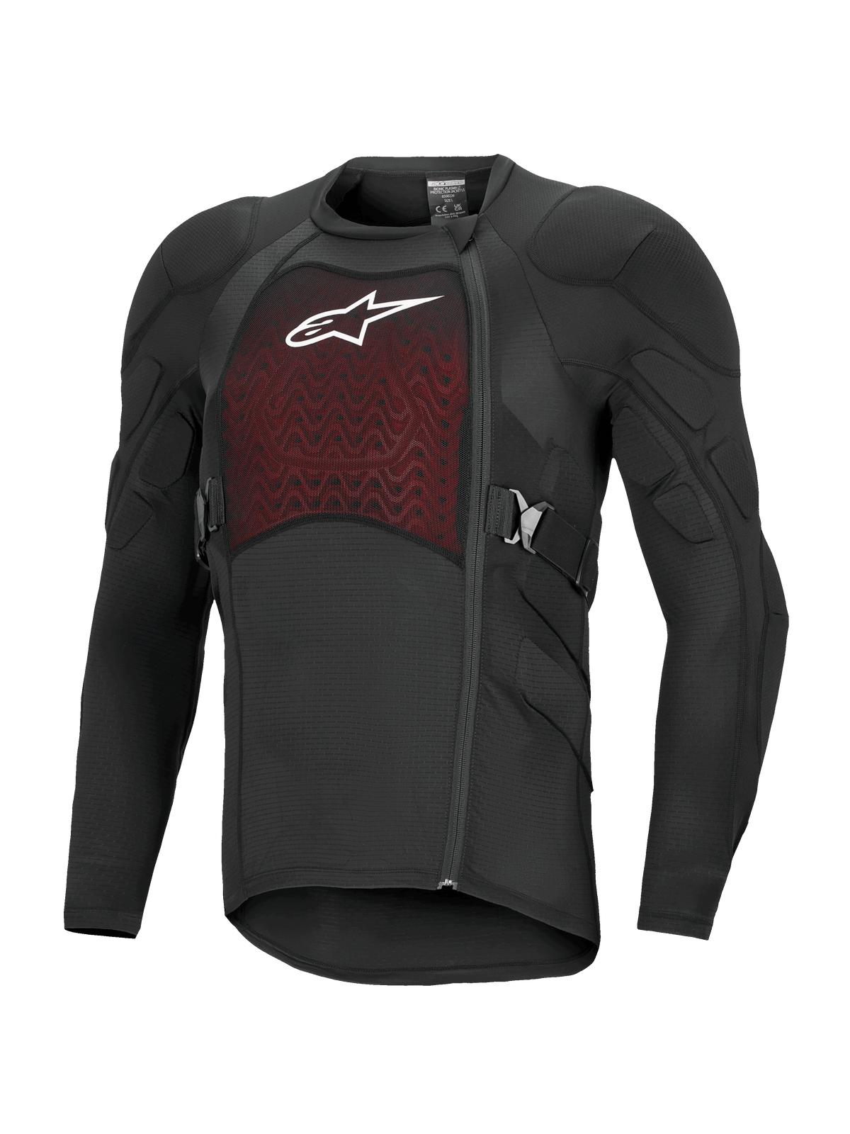 Alpinestars Bionic Plasma LT Protection Jacket Long Sleeve, casaco de proteção de manga comprida para motociclismo off-road, preto e vermelho, com ombros e cotovelos acolchoados, painel de peito em malha respirável com logótipo branco, fecho lateral deslocado e cintas laterais ajustáveis.