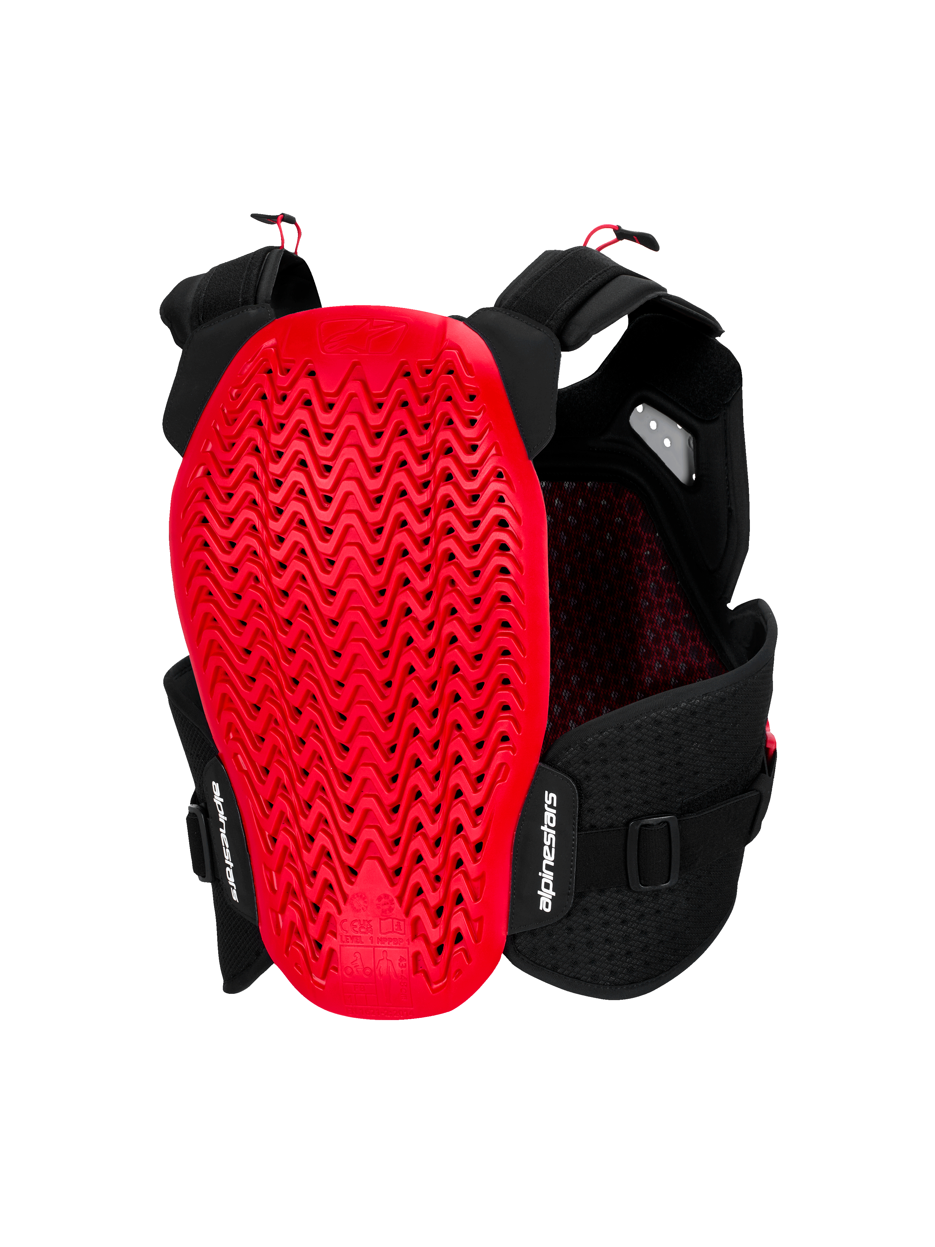 Alpinestars A-4 Plasma Chest Protector, Back View, Black and Red, featuring a large red Nucleon PLASMA back protector with a wavy perforated design, black mesh chassis with adjustable straps, and white Alpinestars branding.