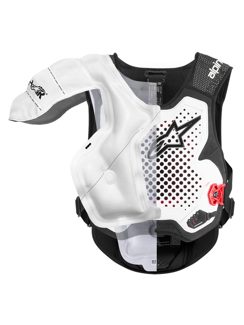 Alpinestars Tech-Air® MX System, protetor de airbag para motocross, branco e preto, certificado CE com bexiga de airbag insuflada a mostrar cobertura de ombros e peito