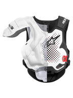 Alpinestars Tech-Air® MX System, protetor de airbag para motocross, branco e preto, certificado CE com bexiga de airbag insuflada a mostrar cobertura de ombros e peito