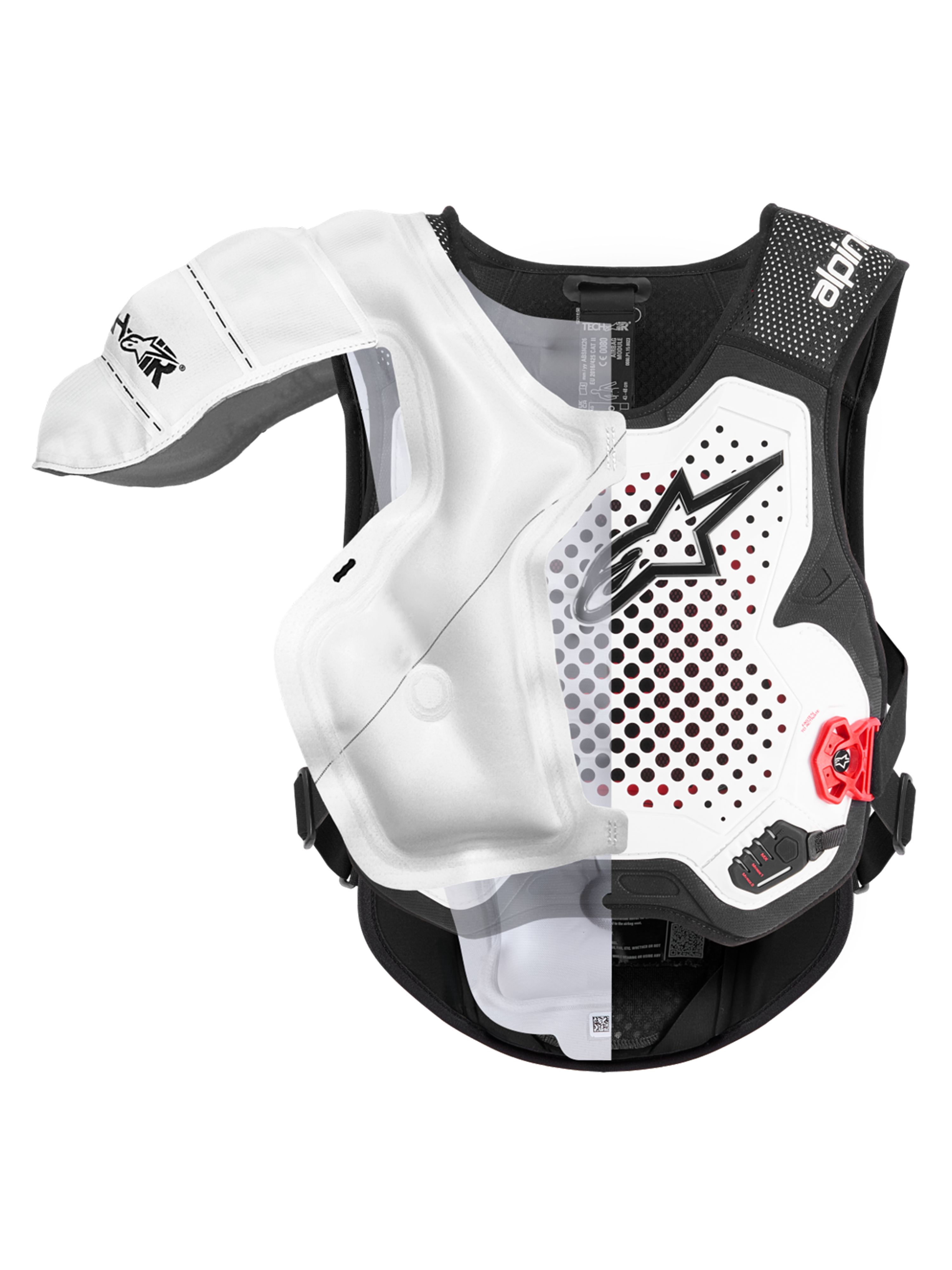 Alpinestars Tech-Air® MX System, protetor de airbag para motocross, branco e preto, certificado CE com bexiga de airbag insuflada a mostrar cobertura de ombros e peito