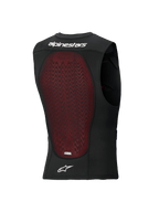 Alpinestars Bionic Plasma LT Protection Vest, rear view, black breathable mesh with a large red Nucleon PLASMA back protector, featuring white Alpinestars wordmark and logo, designed for off-road and motocross impact protection