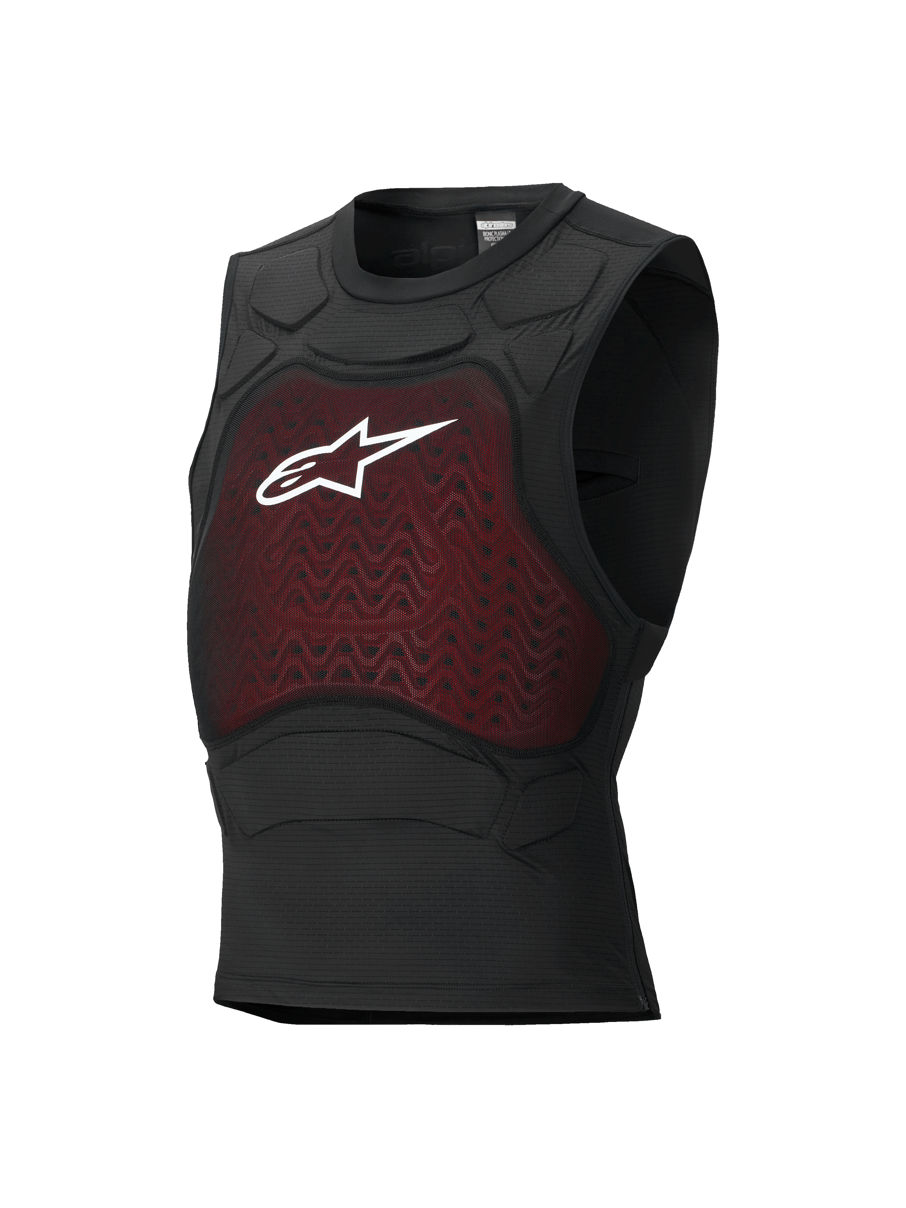 Alpinestars Bionic Plasma LT Protection Vest, colete de proteção para motociclismo, preto e vermelho, design sem mangas com painel de malha no peito e logótipo Astars branco, acolchoamento integrado nos ombros, construção respirável e ajustada ao corpo
