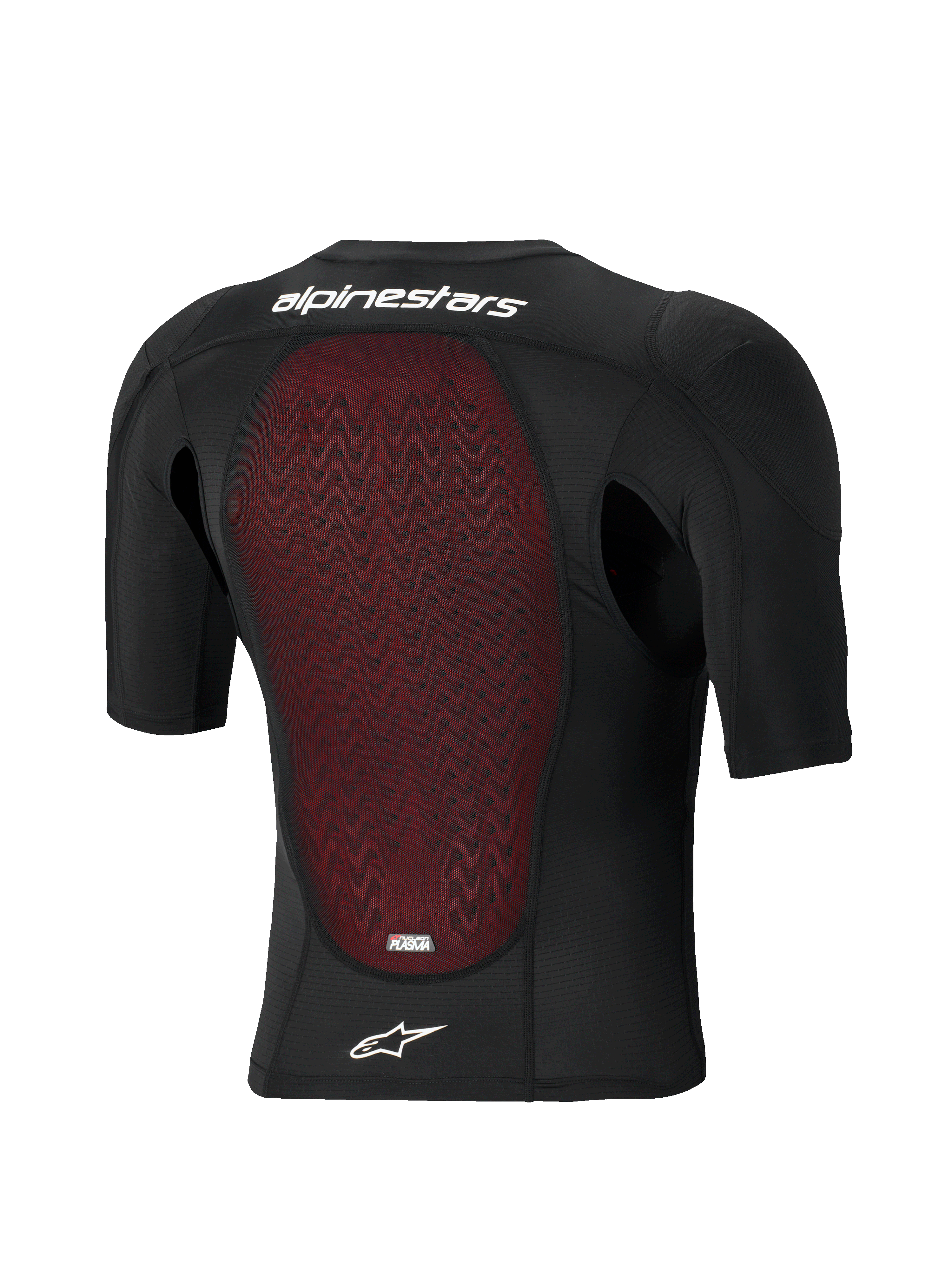 Casaco de Proteção Alpinestars Bionic Plasma LT - Manga Curta, vista traseira, construção em malha preta respirável com protetor de costas Nucleon PLASMA vermelho texturizado, logótipo e marca Alpinestars em branco, equipamento de proteção para todo-o-terreno e motocross