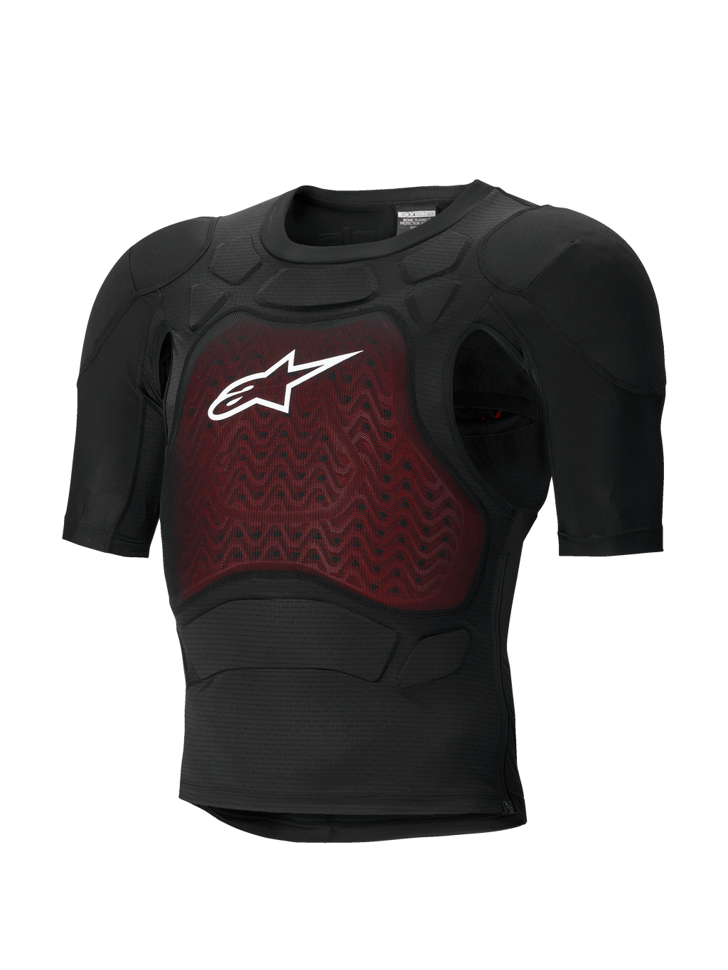 Alpinestars Bionic Plasma LT Protection Jacket - Manga Curta, preto e vermelho, armadura corporal para motociclismo com acolchoamento protetor certificado pela CE, chassi em malha leve e respirável, com painel de peito texturizado vermelho e logótipo Alpinestars branco