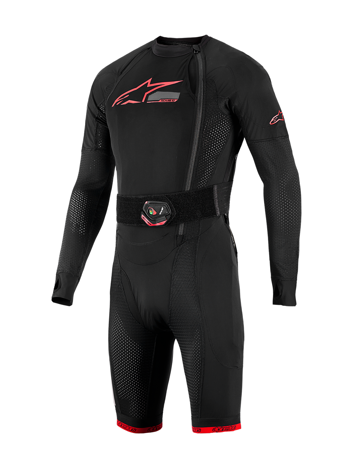 Airbag Tech-Air 10 V2 Race, roupa interior técnica preta, logótipos vermelhos, cinto de ativação LED e malha respirável.