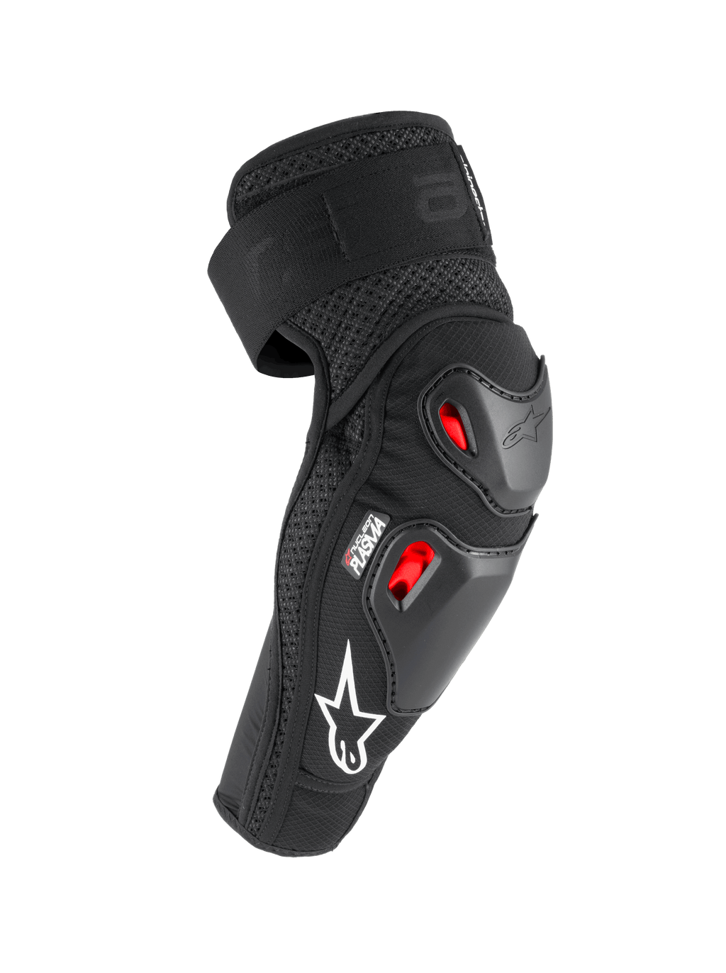 Alpinestars Bionic Pro Plasma, cotoveleiras de proteção, pretas, vermelhas e brancas, com duas conchas termoplásticas e proteção contra impactos Nucleon PLASMA, design em malha respirável com logótipo branco, equipamento de proteção para motociclismo off-road