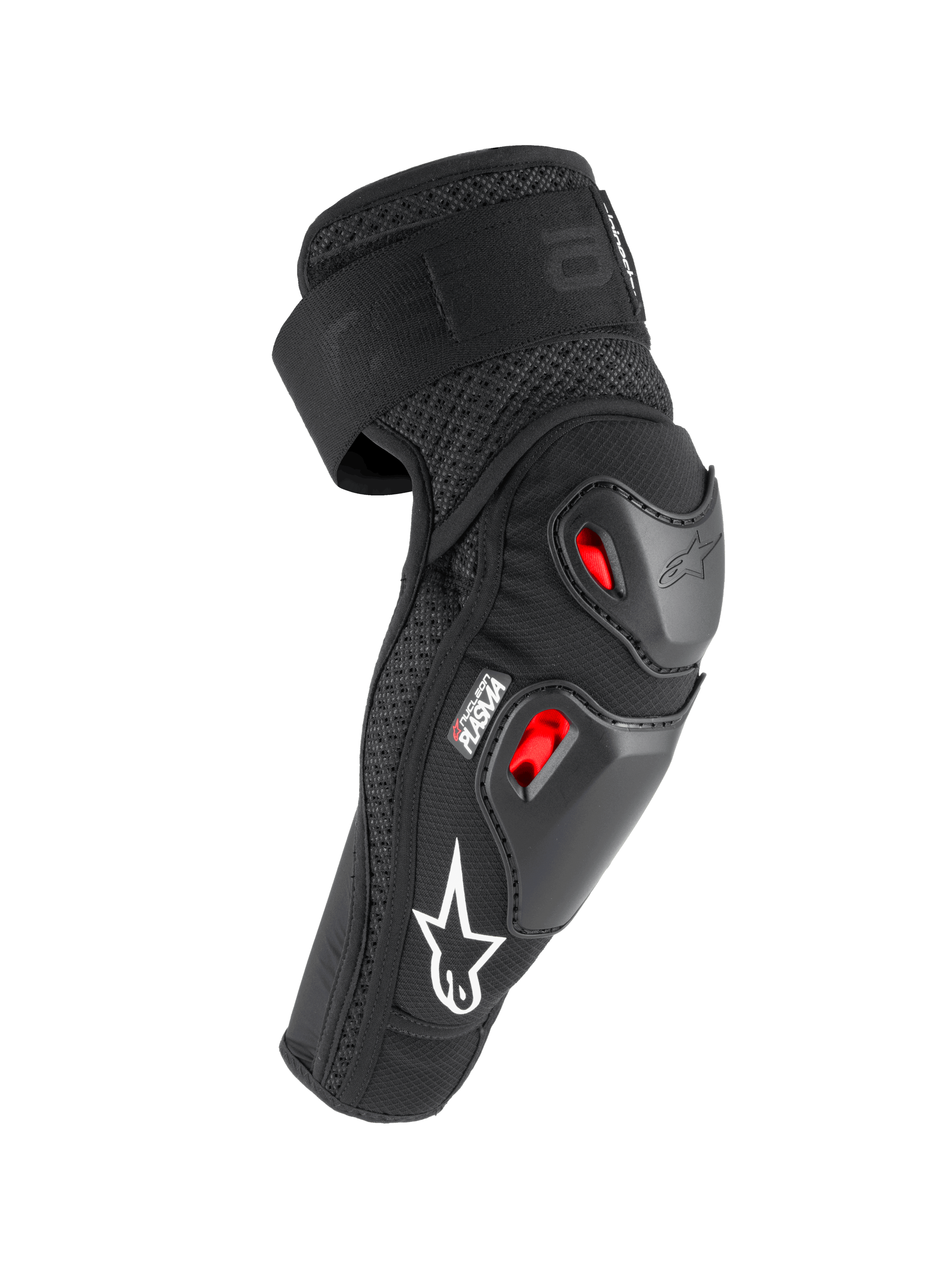 Alpinestars Bionic Pro Plasma, cotoveleiras de proteção, pretas, vermelhas e brancas, com duas conchas termoplásticas e proteção contra impactos Nucleon PLASMA, design em malha respirável com logótipo branco, equipamento de proteção para motociclismo off-road