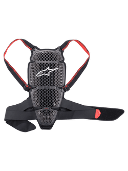 Alpinestars Nucleon KR-Cell Protector, proteção de costas para motociclismo, preto fumado e vermelho, com grelha perfurada em favo de mel, logótipo Alpinestars branco, alças vermelhas ajustáveis com a marca e cinta abdominal preta, design ergonómico ventilado