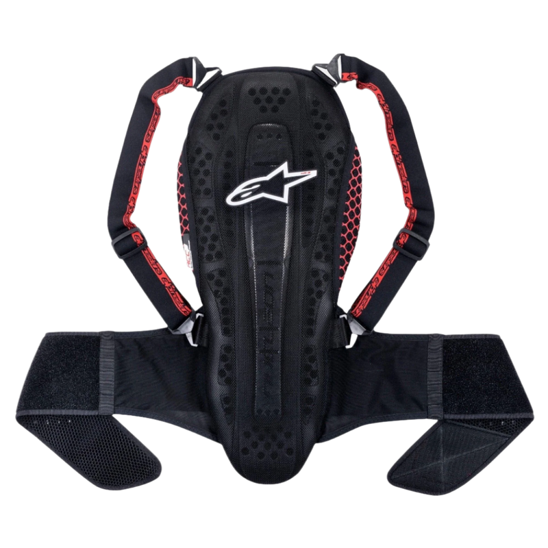 Alpinestars Nucleon KR-2 Back Protector, protetor de costas, Black Smoke Red, com design articulado tipo vértebras, alças ajustáveis com detalhes em vermelho e cinta larga, proteção de coluna leve para motociclismo