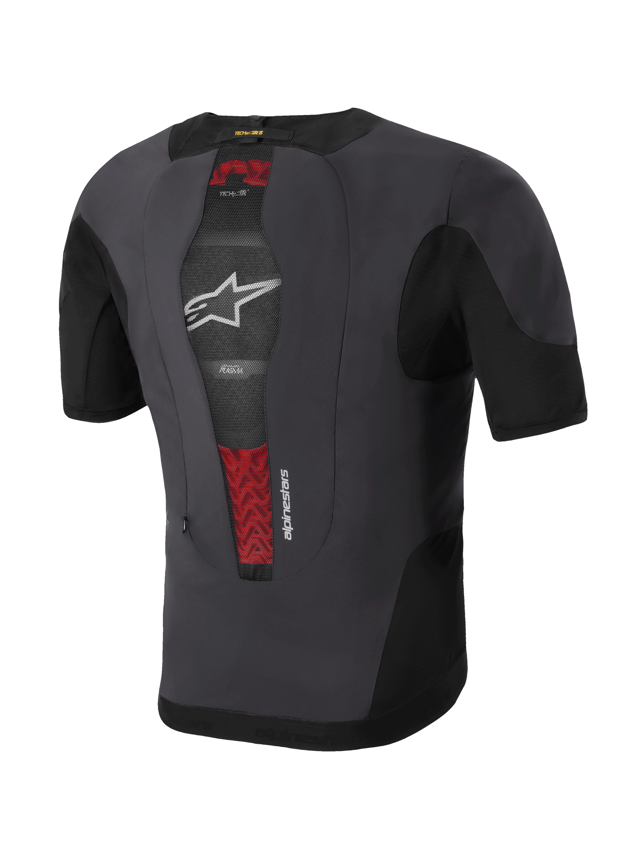 Alpinestars Tech-Air® 5 Plasma System, motorcycle airbag vest, rear view, Black and dark gray, featuring integrated PLASMA back protector visible through center mesh with red details, white star logo, slim and breathable under-jacket design