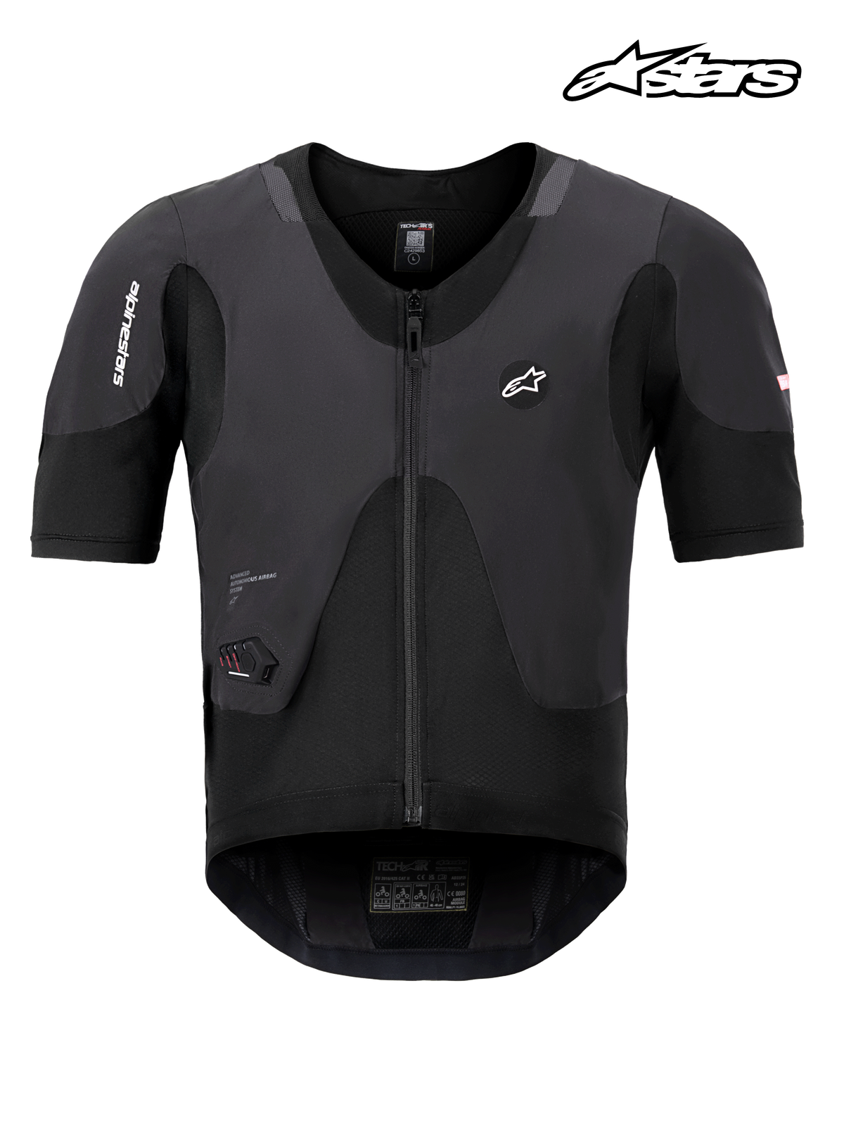 Airbag Tech-Air® 5 Plasma da Alpinestars, sistema de airbag para moto para usar sob o casaco, preto, proteção certificada CE para a parte superior do corpo com malha elástica monocamada respirável e protetor de costas Nucleon PLASMA integrado, vista frontal