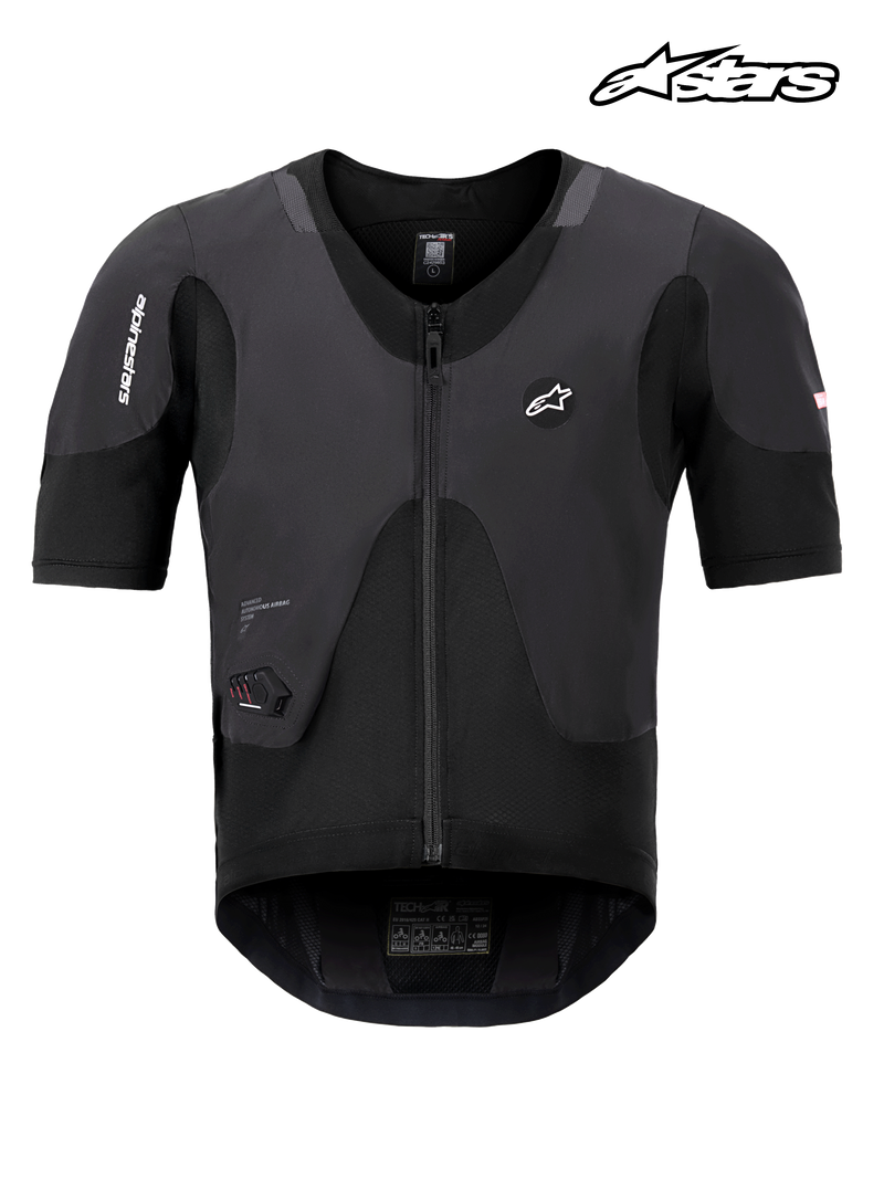 Airbag Tech-Air® 5 Plasma da Alpinestars, sistema de airbag para moto para usar sob o casaco, preto, proteção certificada CE para a parte superior do corpo com malha elástica monocamada respirável e protetor de costas Nucleon PLASMA integrado, vista frontal