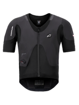 Alpinestars Tech-Air 5 Plasma System, Black Airbag Vest, front view showing short sleeves and central zipper, features Alpinestars branding and an integrated LED status display, ultra-slim protective undergarment for motorcycle safety