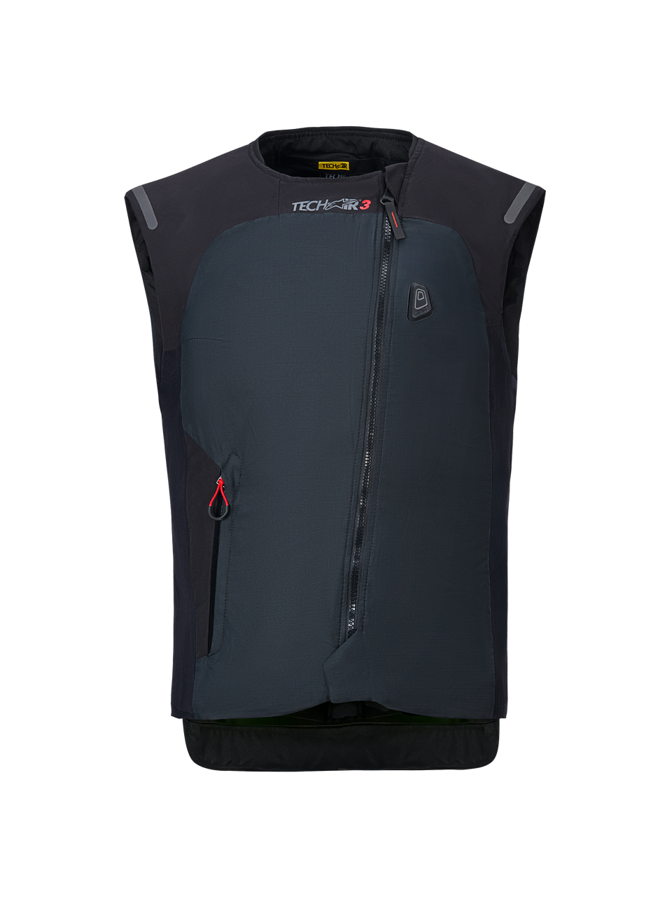 Alpinestars Tech-Air® 3 V2 System, Motorcycle Airbag Vest, Black, front view showing diagonal zipper, TECH-AIR 3 branding, slim textile construction, autonomous electronic protection for road riding.