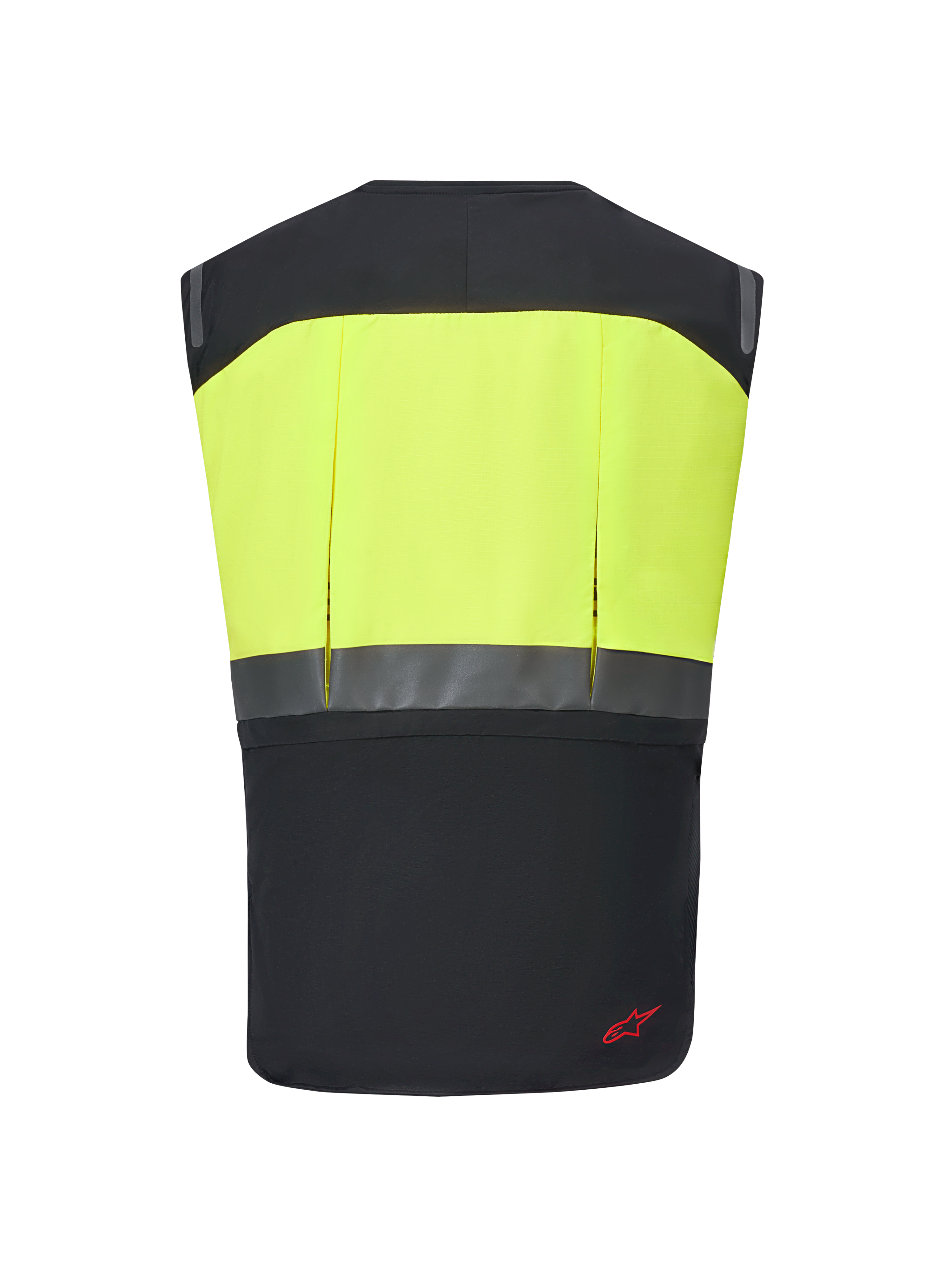 Alpinestars Tech-Air® 3 V2 System, Motorcycle Airbag Vest, Black and Yellow Fluo, rear view featuring a high-visibility yellow upper section and reflective horizontal strip, slim and lightweight protective gear for touring and commuting