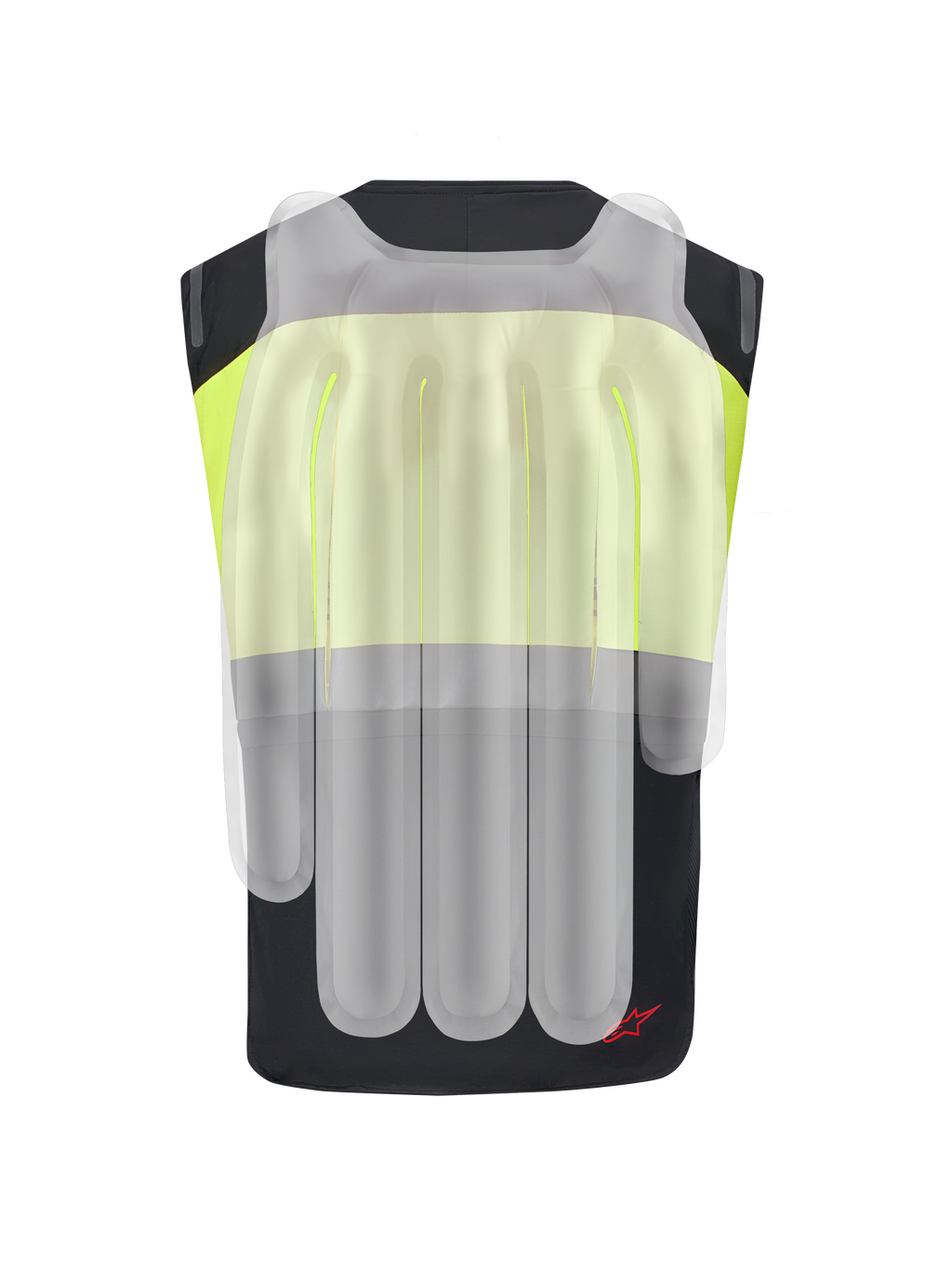 Alpinestars Tech-Air® 3 V2 System, Motorcycle Airbag Vest, Black and Yellow Fluo, back view with a translucent overlay showing the internal airbag chambers for spine and shoulder protection