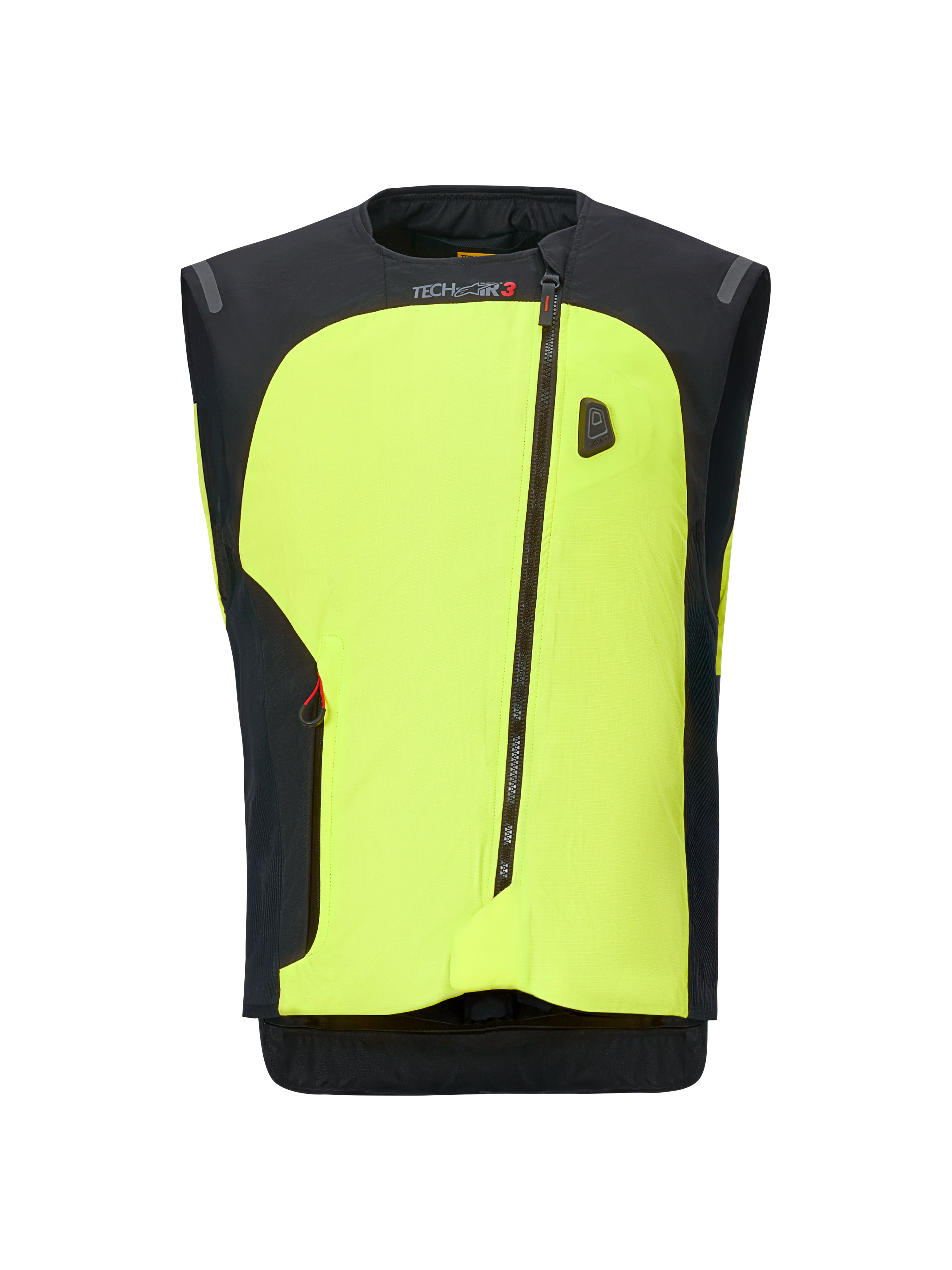 Alpinestars Tech-Air 3 V2 System, Motorcycle Airbag Vest, Neon Yellow and Black, featuring a diagonal zipper design, autonomous electronic protection system, and sleek modern construction for road use