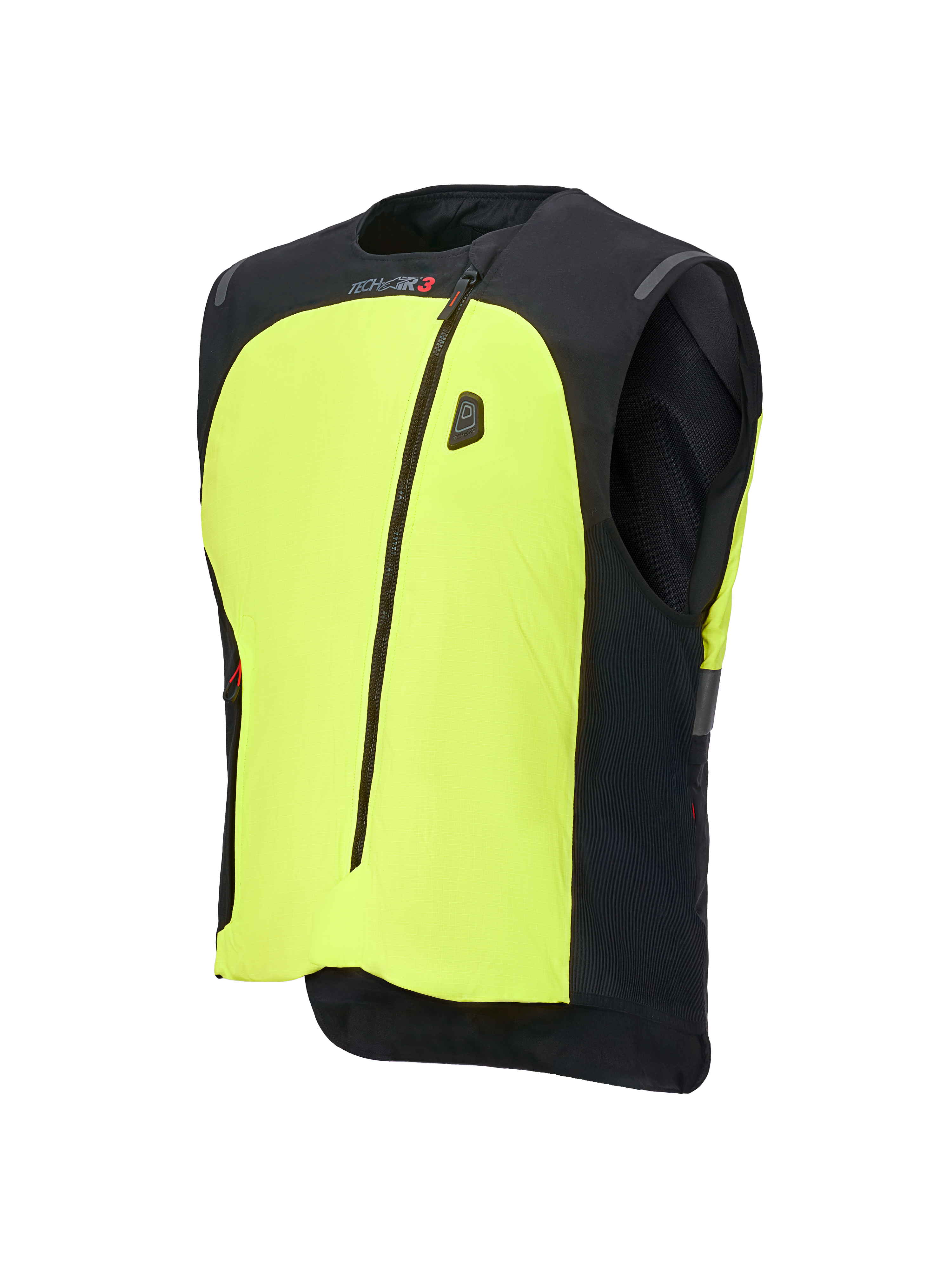 Alpinestars Tech-Air® 3 V2 System, Motorcycle Airbag Vest, Black and Yellow Fluo, featuring a prominent neon yellow front panel, central zipper, integrated LED status display, and Tech-Air branding, lightweight autonomous airbag protection for road riding
