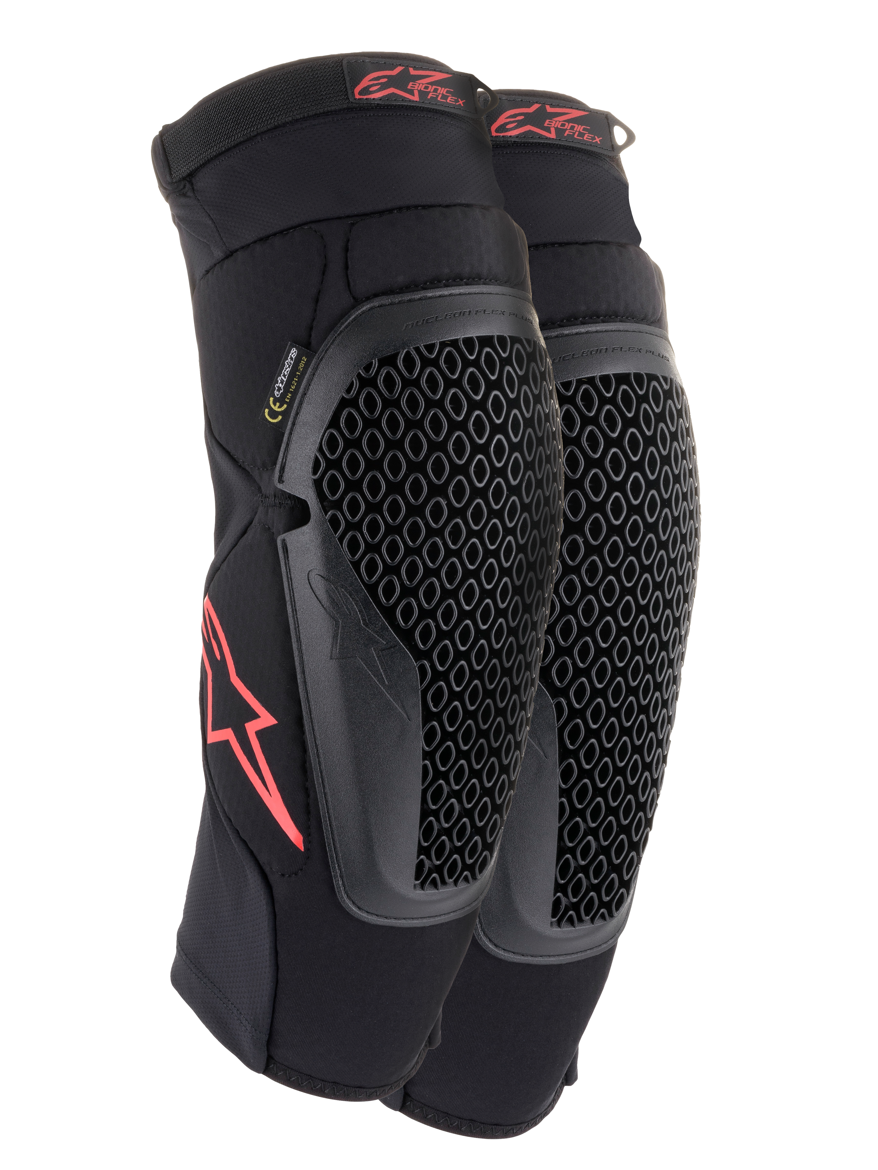 Alpinestars Bionic Flex Knee Protectors, Black and Red, pair of motocross knee guards featuring perforated Nucleon Flex Technology shields, red Astars logos, and elasticated straps on a breathable black mesh sleeve.