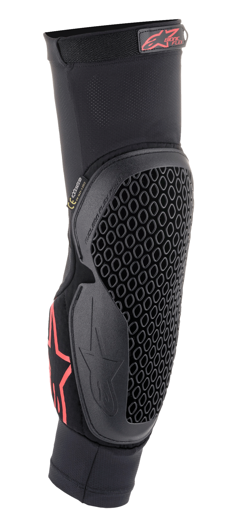 Alpinestars Bionic Flex Elbow Protector, preto e vermelho, manga de malha de fácil colocação com tecnologia Nucleon Flex flexível em favo de mel, logótipo Alpinestars vermelho, equipamento de proteção ergonómico para motociclismo todo-o-terreno