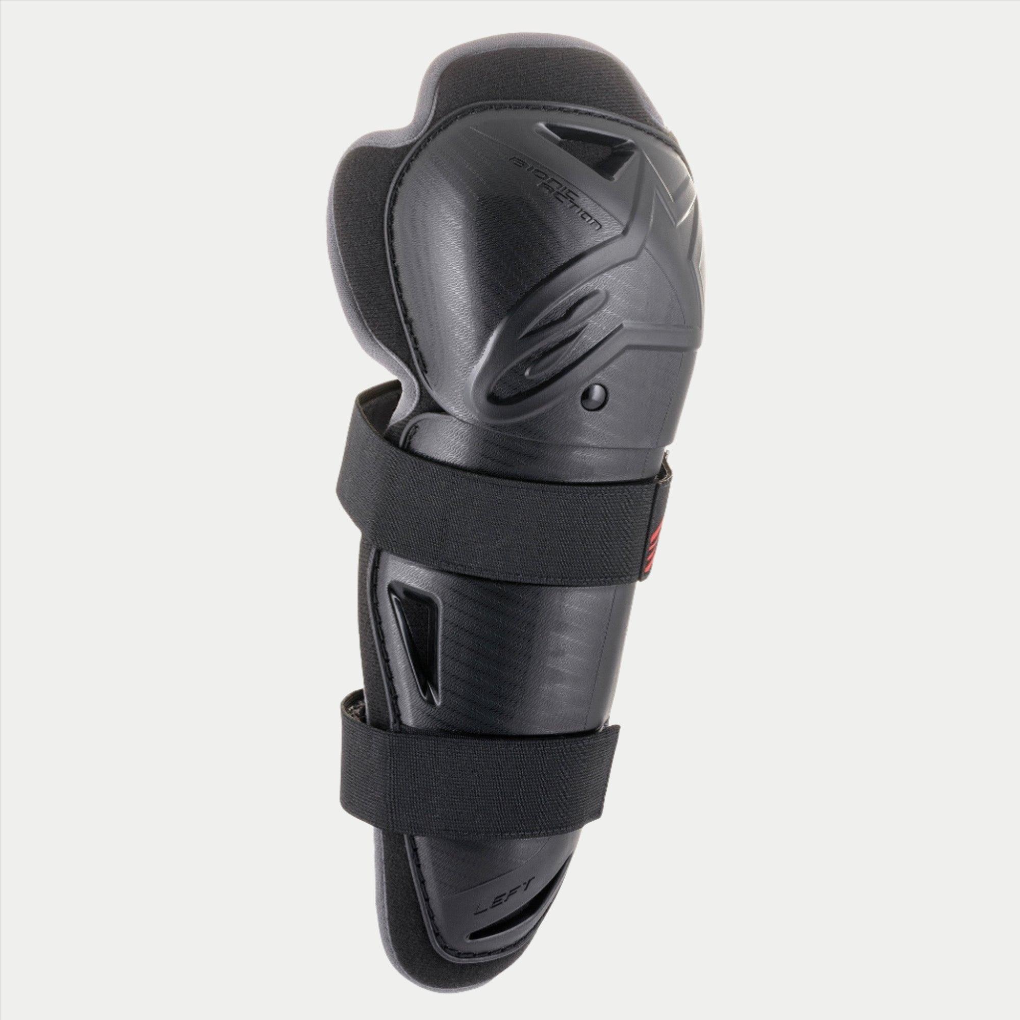 Protetor de Joelho Juvenil Alpinestars Bionic Action, preto, protetor individual com duas tiras elásticas, estrutura de plástico ergonómica e assimétrica com logótipo em relevo, equipamento de proteção de motocross e off-road para jovens pilotos