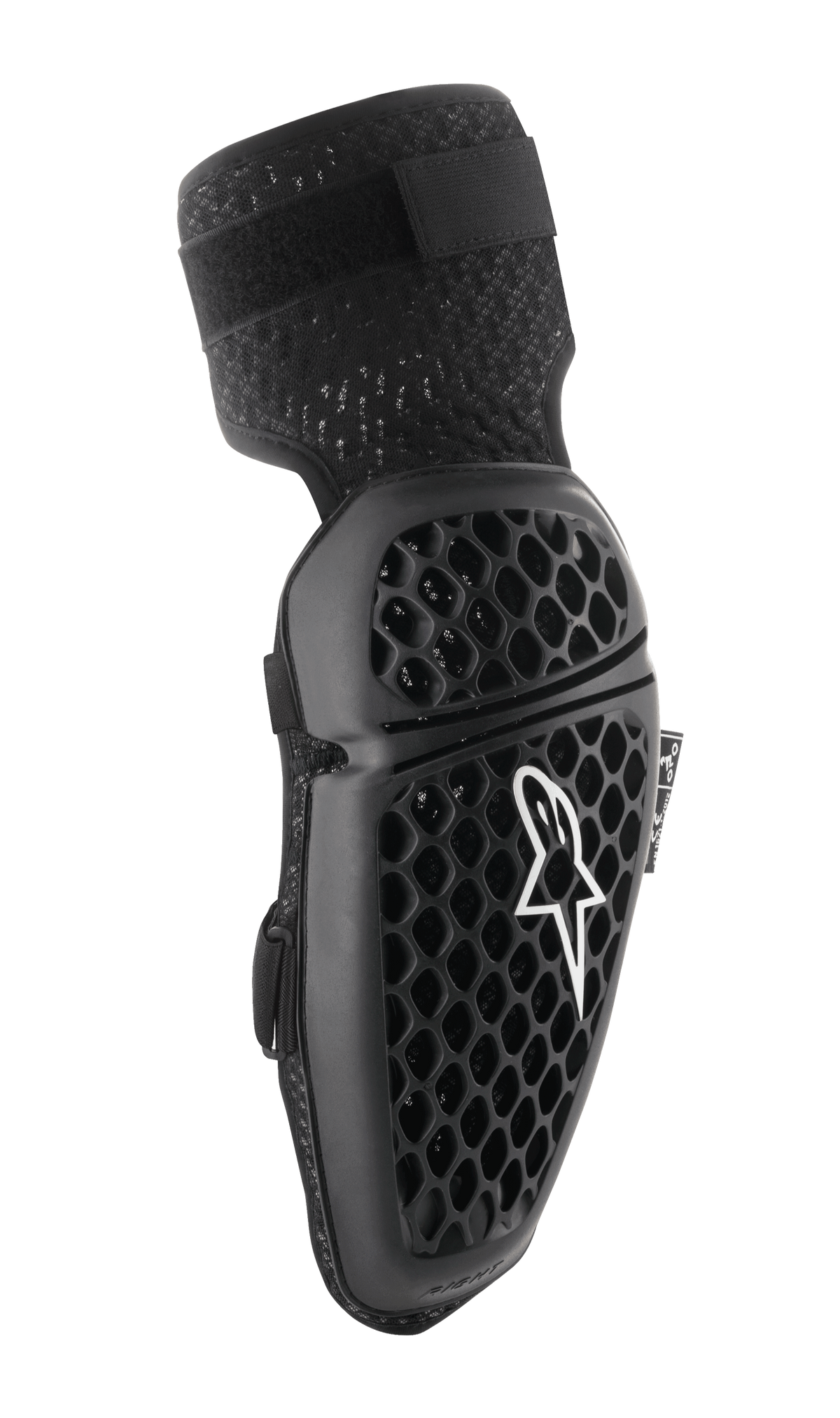 Alpinestars Bionic Plus, cotoveleiras de motocross, pretas, padrão em favo de mel para ventilação, design ergonómico curvo, alça elástica texturizada, certificação CE, vista lateral direita