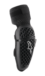 Alpinestars Bionic Plus, cotoveleiras de motocross, pretas, padrão em favo de mel para ventilação, design ergonómico curvo, alça elástica texturizada, certificação CE, vista lateral direita