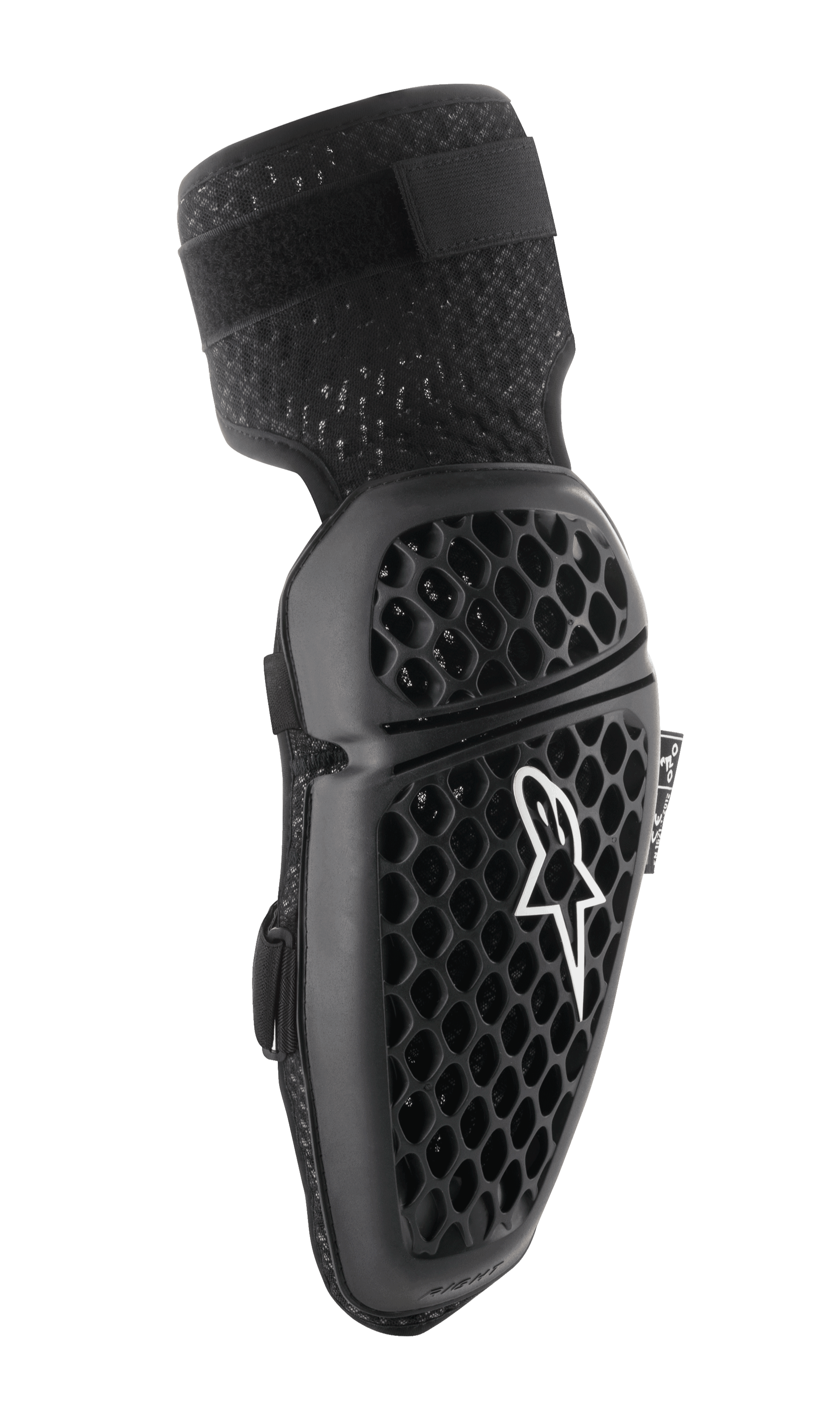 Alpinestars Bionic Plus, cotoveleiras de motocross, pretas, padrão em favo de mel para ventilação, design ergonómico curvo, alça elástica texturizada, certificação CE, vista lateral direita