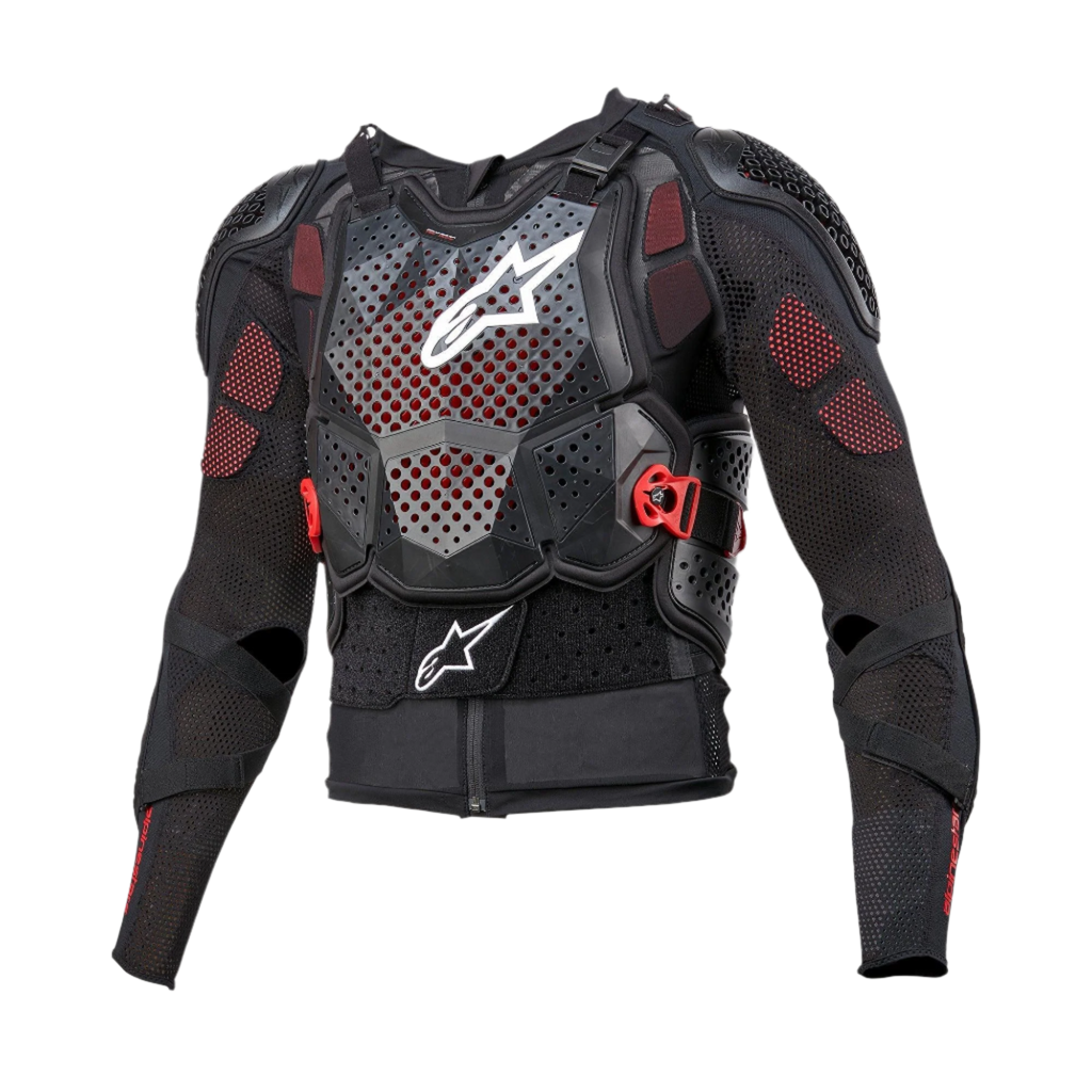 Alpinestars Bionic Tech V3 Protection Jacket, casaco de proteção para motociclismo, preto com detalhes brancos e vermelhos, protetor de peito perfurado com logótipo de estrela branco, fivelas vermelhas ajustáveis, proteções de ombros e cotovelos integradas e camada base em malha respirável