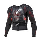 Alpinestars Bionic Tech V3 Protection Jacket, casaco de proteção para motociclismo, preto com detalhes brancos e vermelhos, protetor de peito perfurado com logótipo de estrela branco, fivelas vermelhas ajustáveis, proteções de ombros e cotovelos integradas e camada base em malha respirável