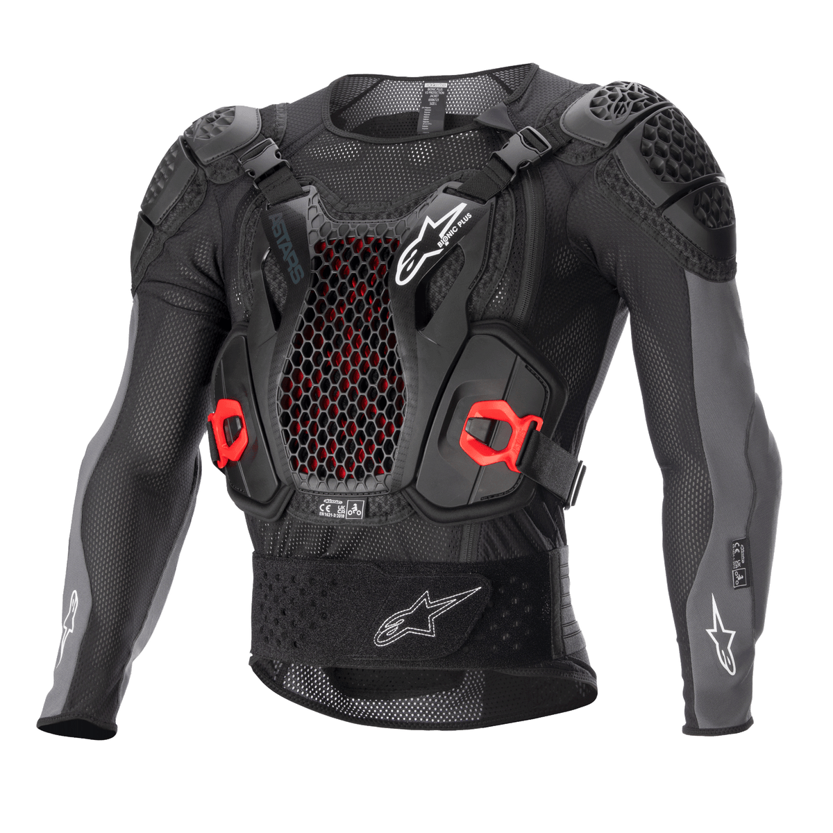 Alpinestars Bionic Plus V2 Protection Jacket, armadura de motocross, preto e cinzento antracite com detalhes vermelhos, protetor de peito em malha hexagonal, ombreiras e cotoveleiras acolchoadas, design em malha respirável para corridas de todo-o-terreno