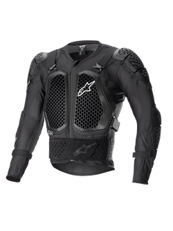 Alpinestars Bionic Action V2 Protection Jacket, preto, com protetores de peito e cotovelos com tecnologia Cell em padrão de favo de mel, construção em malha respirável, logótipo Alpinestars branco no peito, equipamento de proteção para motociclismo todo-o-terreno