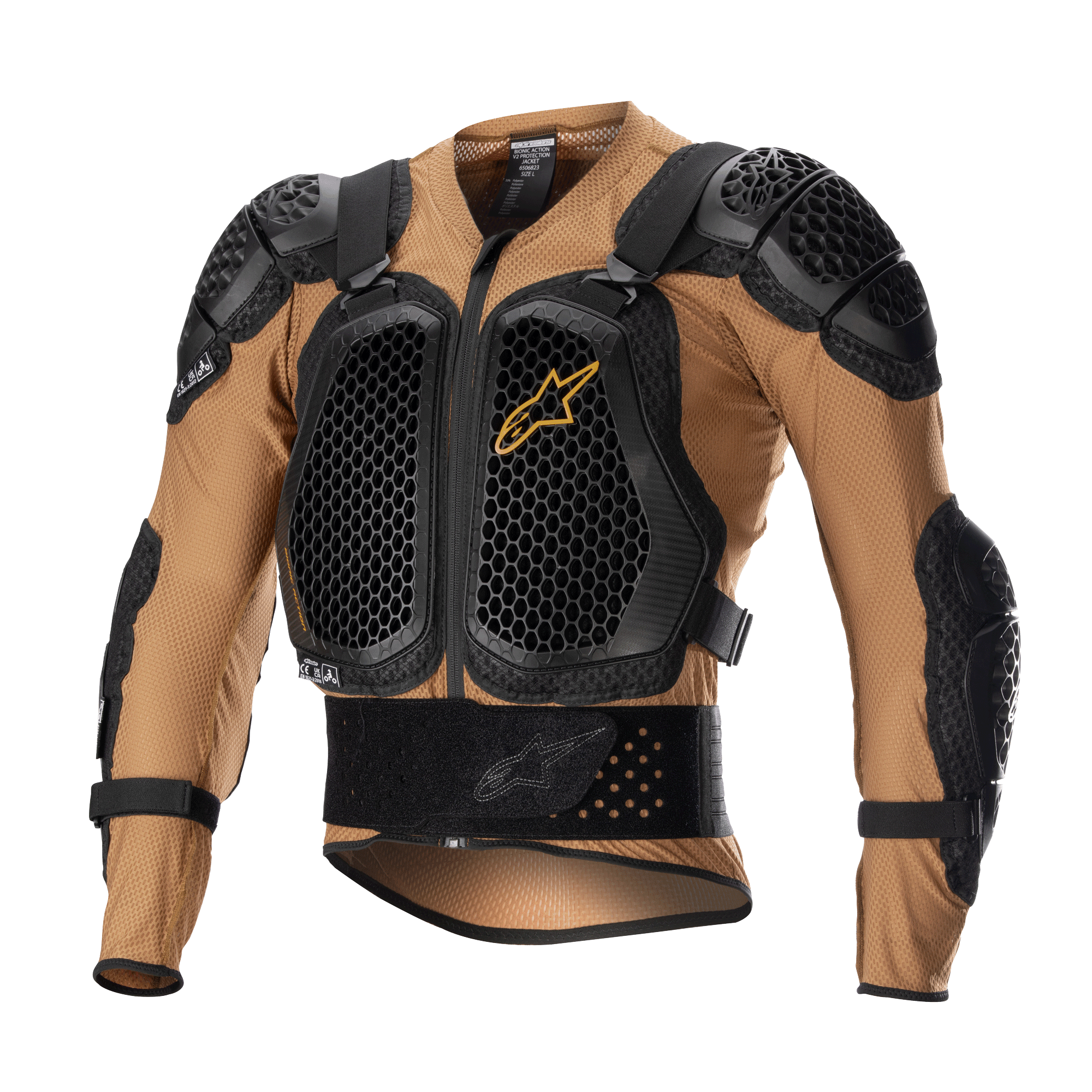 Alpinestars Bionic Action V2 Protection Jacket, Motorcycle Body Armor, Sand and Black with Tangerine accents, featuring honeycomb-patterned Cell Technology chest and shoulder plates, breathable mesh construction, integrated waist belt and adjustable straps, CE certified for motocross and off-road riding