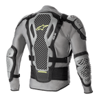 Alpinestars Bionic Action V2 Protection Jacket, Rear view, Gray and Black with Yellow Fluo accents, featuring highly perforated Cell Technology back, shoulder, and elbow protectors, gray mesh chassis with black adjustable straps and yellow Astars branding