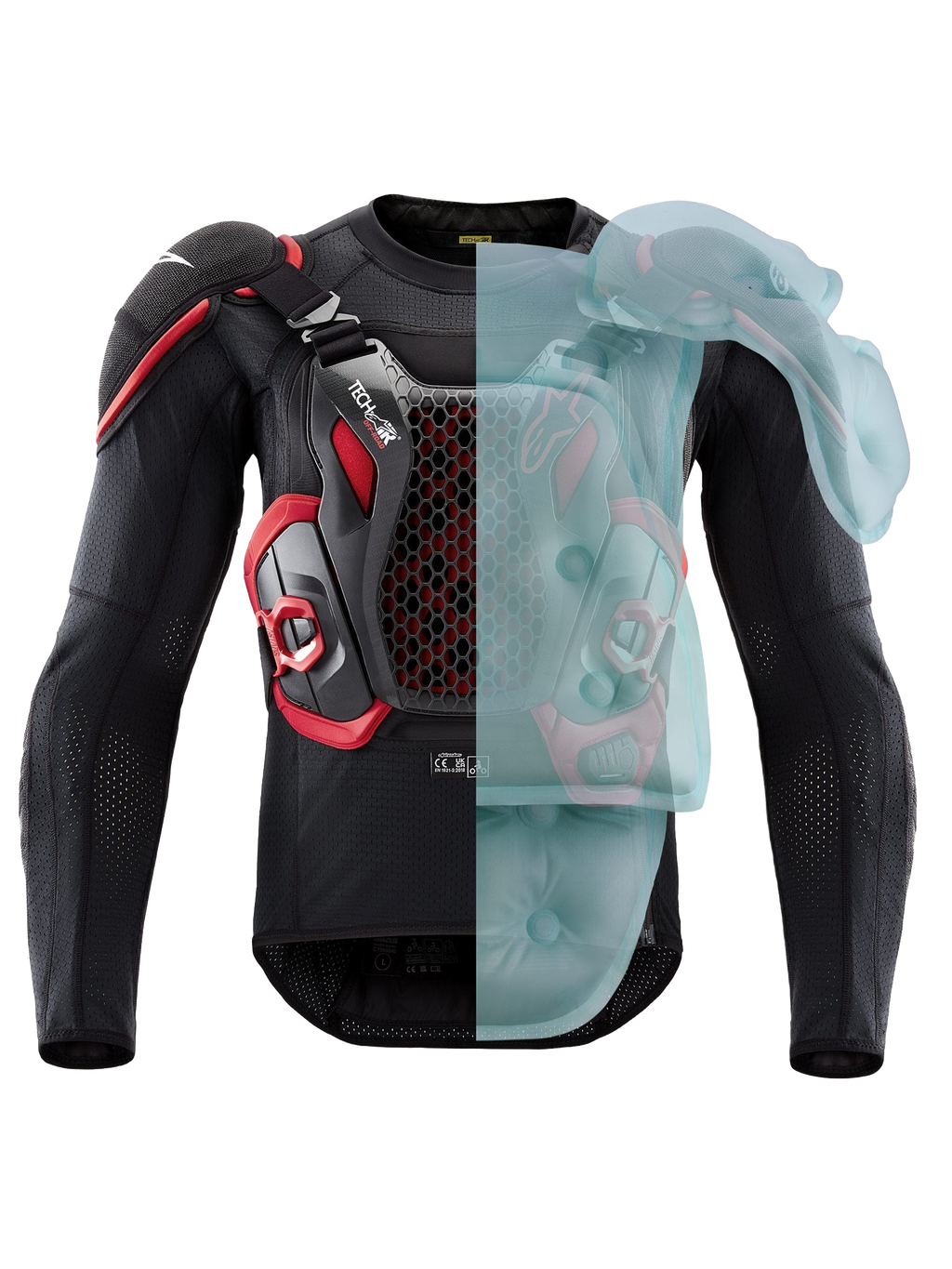 Alpinestars Tech-Air Off-Road System, casaco de proteção de airbag homologado pela FIM para enduro e rally, preto e vermelho, a mostrar a cobertura ativa do airbag de um lado