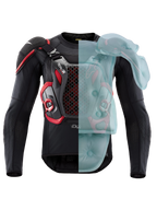 Alpinestars Tech-Air Off-Road System, casaco de proteção de airbag homologado pela FIM para enduro e rally, preto e vermelho, a mostrar a cobertura ativa do airbag de um lado