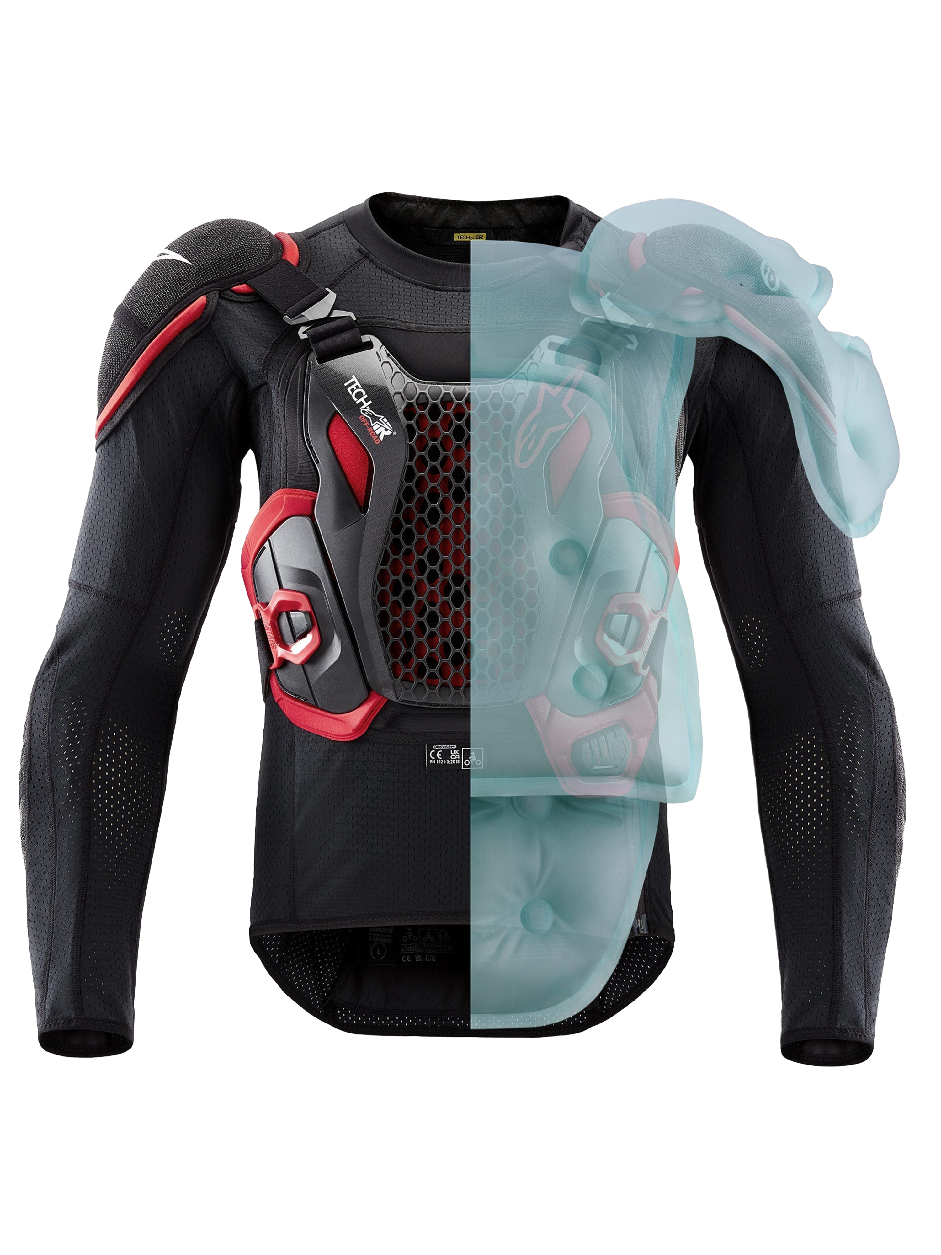 Alpinestars Tech-Air Off-Road System, casaco de proteção de airbag homologado pela FIM para enduro e rally, preto e vermelho, a mostrar a cobertura ativa do airbag de um lado