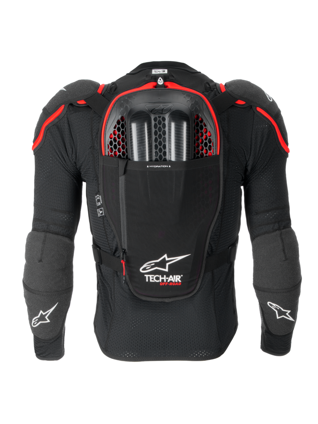 Alpinestars Airbag Tech-Air® Off-Road, sistema de airbag para moto todo-o-terreno, vista traseira em preto e vermelho, com protetor de costas Nucleon CELL integrado, compartimento para bolsa de hidratação e proteção certificada CE Nível 1