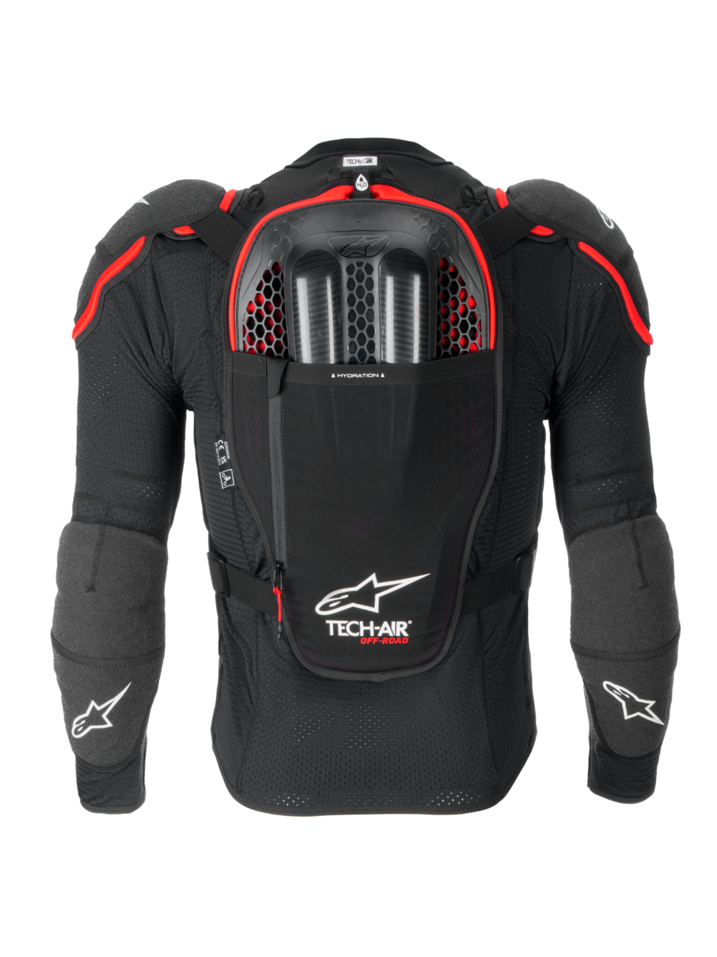 Alpinestars Airbag Tech-Air® Off-Road, sistema de airbag para moto todo-o-terreno, vista traseira em preto e vermelho, com protetor de costas Nucleon CELL integrado, compartimento para bolsa de hidratação e proteção certificada CE Nível 1