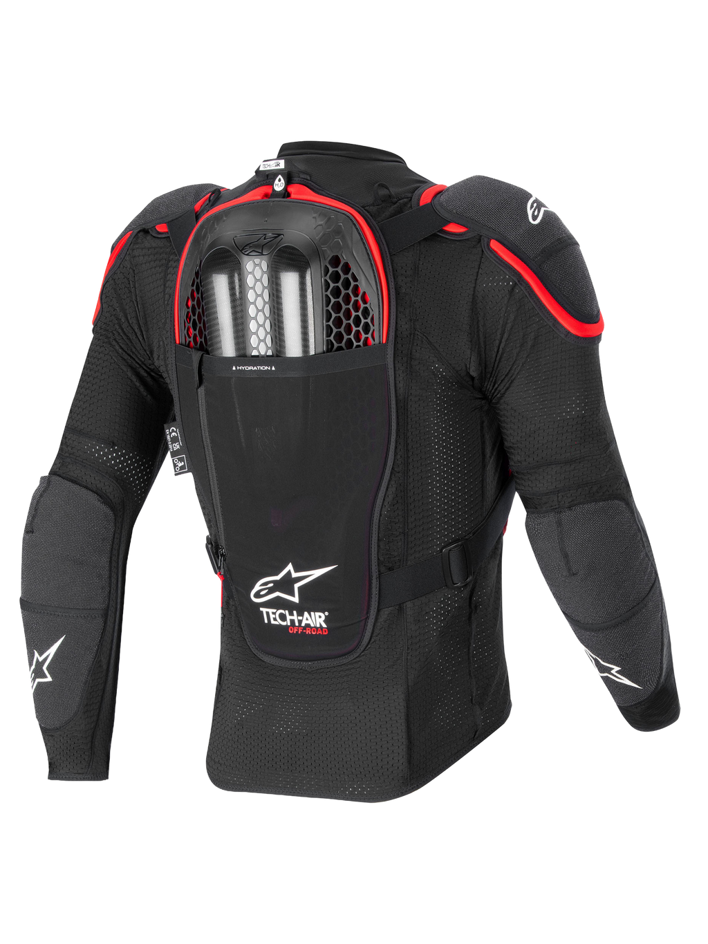 Alpinestars Airbag Tech-Air® Off-Road, casaco de proteção de moto todo-o-terreno, vista traseira, preto e vermelho, com protetor de costas Nucleon CELL integrado e compartimento para insuflador de dupla carga