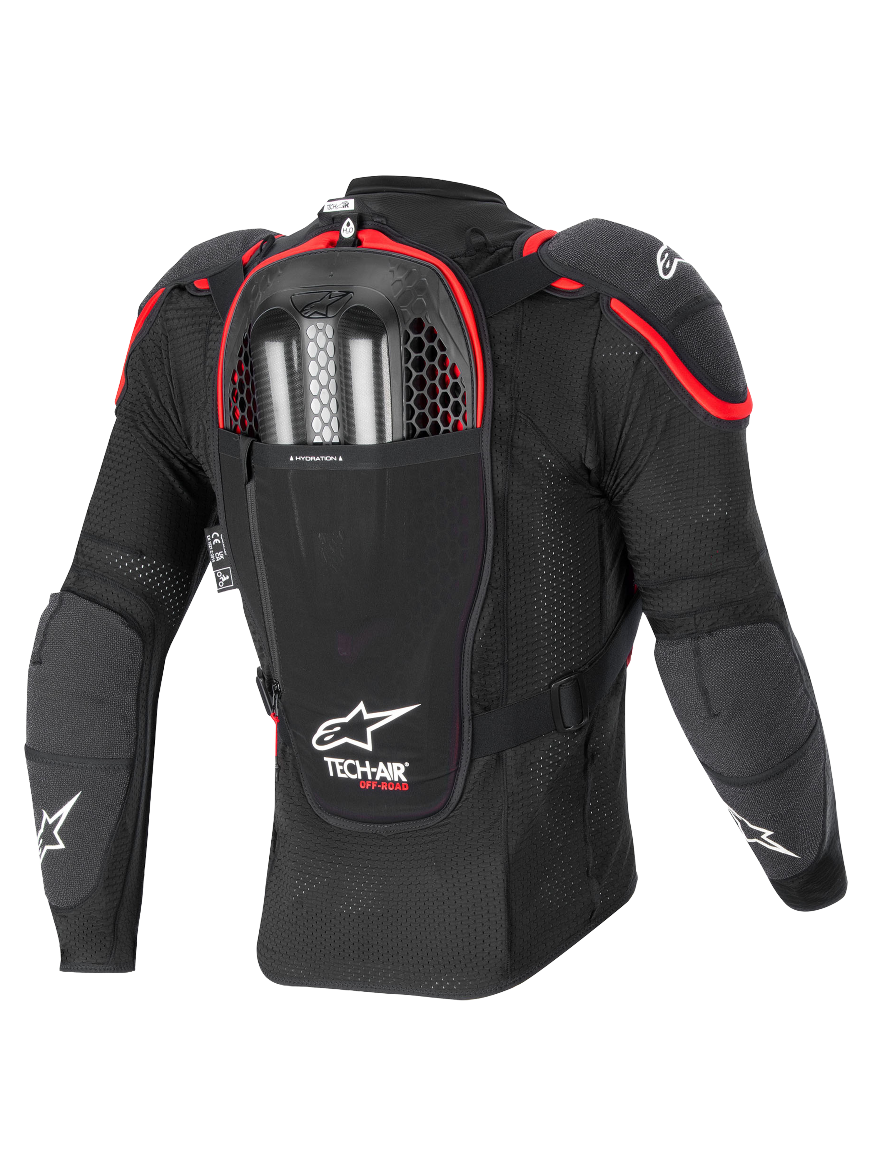 Alpinestars Airbag Tech-Air® Off-Road, casaco de proteção de moto todo-o-terreno, vista traseira, preto e vermelho, com protetor de costas Nucleon CELL integrado e compartimento para insuflador de dupla carga